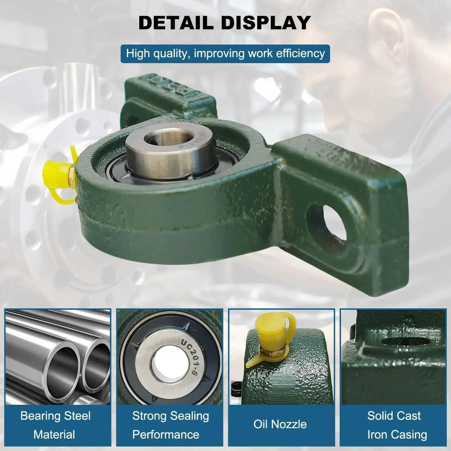 Close-up of 4 Pack UCP201-8 Pillow Block Mounted Ball Bearings with one half inch bore, solid cast iron base, self aligning.