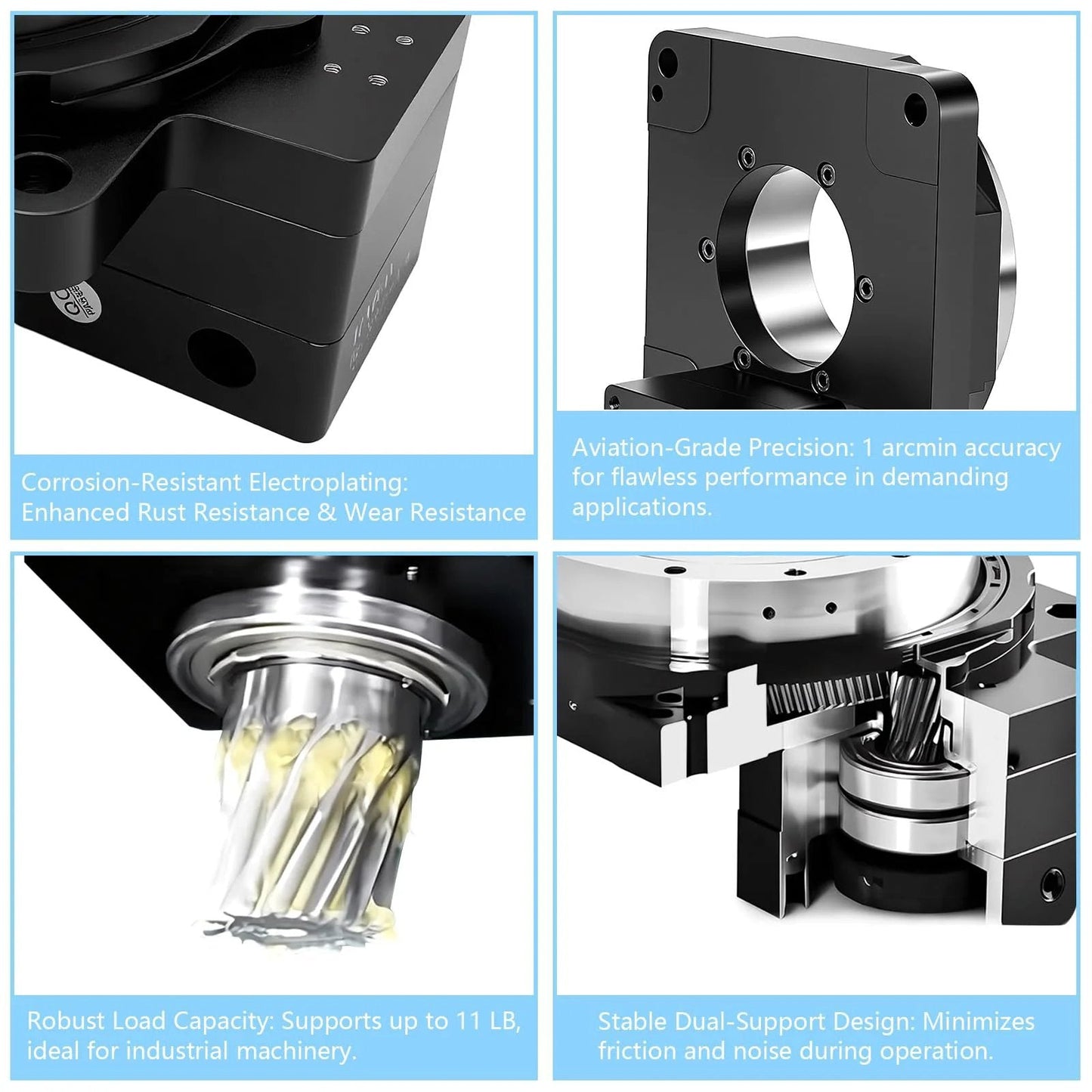 Top Notch Hollow Rotary Platform Positioner Actuator With 360 Degree Indexing Table Ultra Accurate To One Arc Minute Integrated Photoelectric Sensor Ten To One Gear Ratio CNC Ready NEMA34 Stepper Or 80mm Servo Motor Compatible.