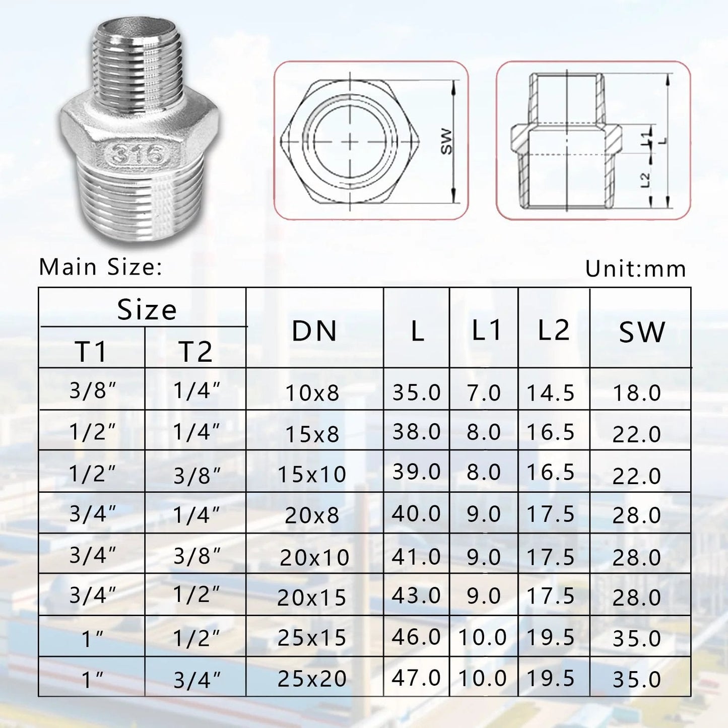 Technical drawing and size chart of Built To Last 316 Stainless Steel Reducing Hex Nipple 3/4 To 1/2 NPT Male To Male