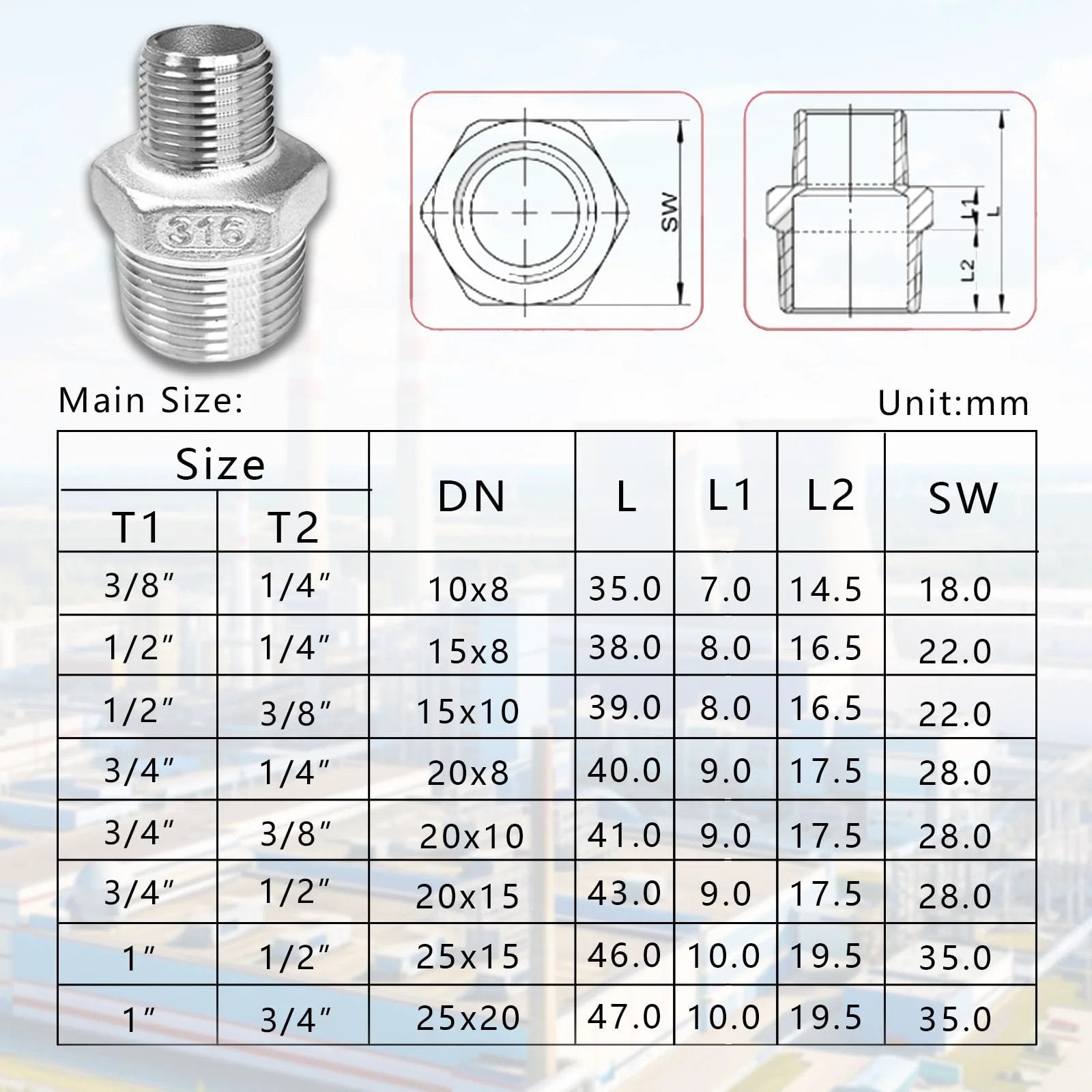 Technical drawing and size chart of Built To Last 316 Stainless Steel Reducing Hex Nipple 3/4 To 1/2 NPT Male To Male