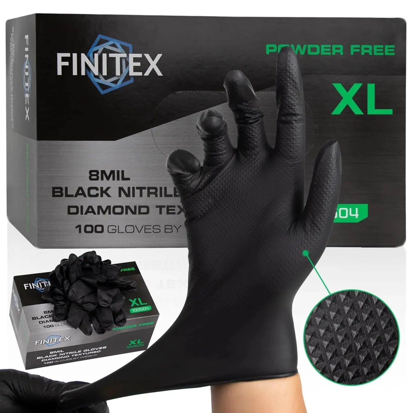 Heavy Duty Black Nitrile Disposable Gloves 8 Mil Powder Free 100 Count X Large, close-up of diamond texture grip