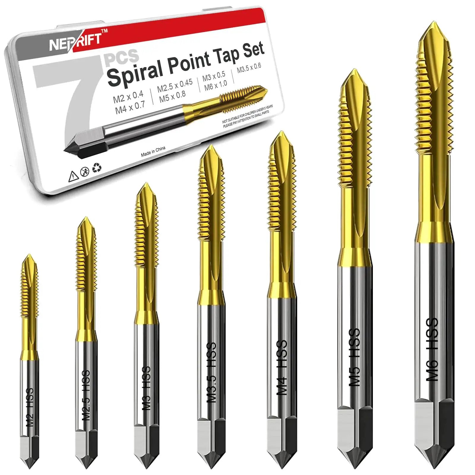 7 Piece Spiral Point Tap Set M2 to M6 Titanium Coated High Speed Steel 6542 Machine Threading Tools for Metalworking and Precision Repair