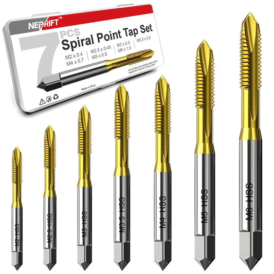 7 Piece Spiral Point Tap Set M2 to M6 Titanium Coated High Speed Steel 6542 Machine Threading Tools for Metalworking and Precision Repair