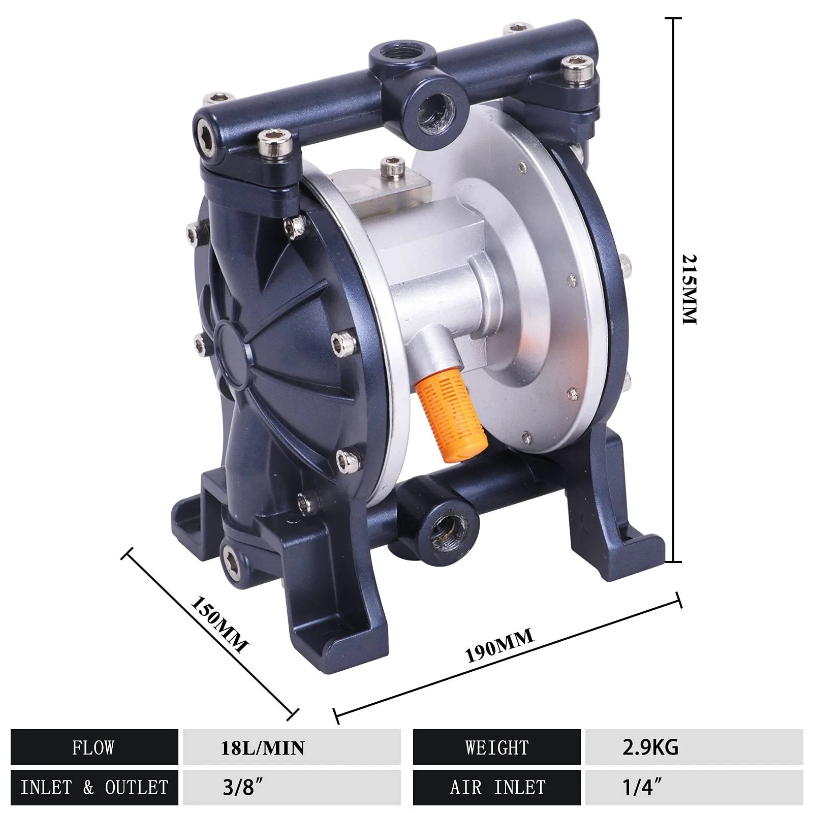 Workhorse Air Operated Diaphragm Pump For Chemical Transfer, Pneumatic Double Diaphragm Pump With 3/8 Inlet And Outlet, 1/4 In Air Inlet, 18 L/min Flow, Low Noise, Durable Industrial Pump MXBAOHENG with visible dimensions and connections