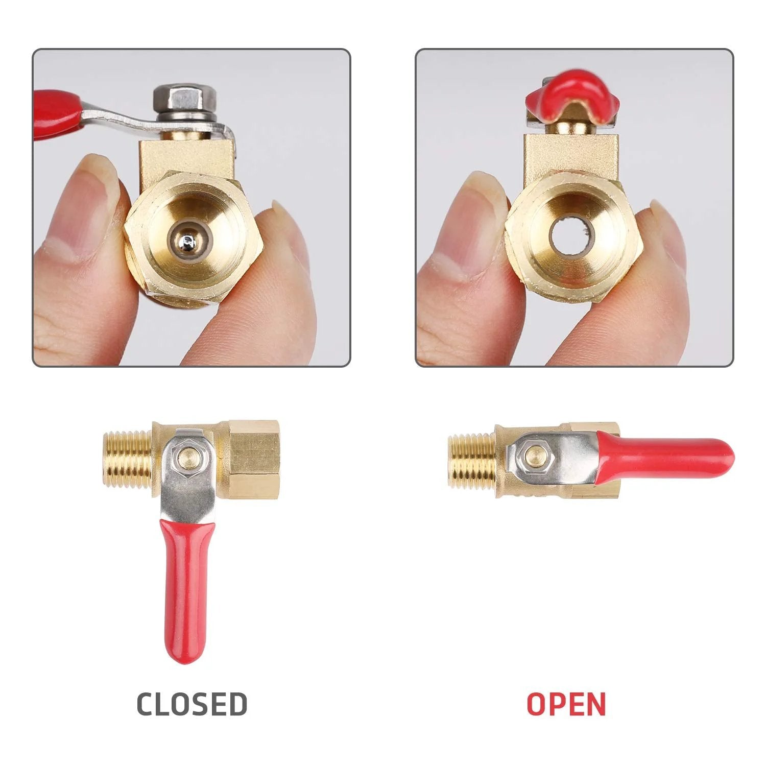 Quarter Inch All In One Air Compressor Filter Regulator Combo With Brass Filter Element Water Oil Separator And Pressure Gauge Manual Drain Ball Valve Bracket AW2000 02 Pro Grade close-up of ball valve open and closed positions