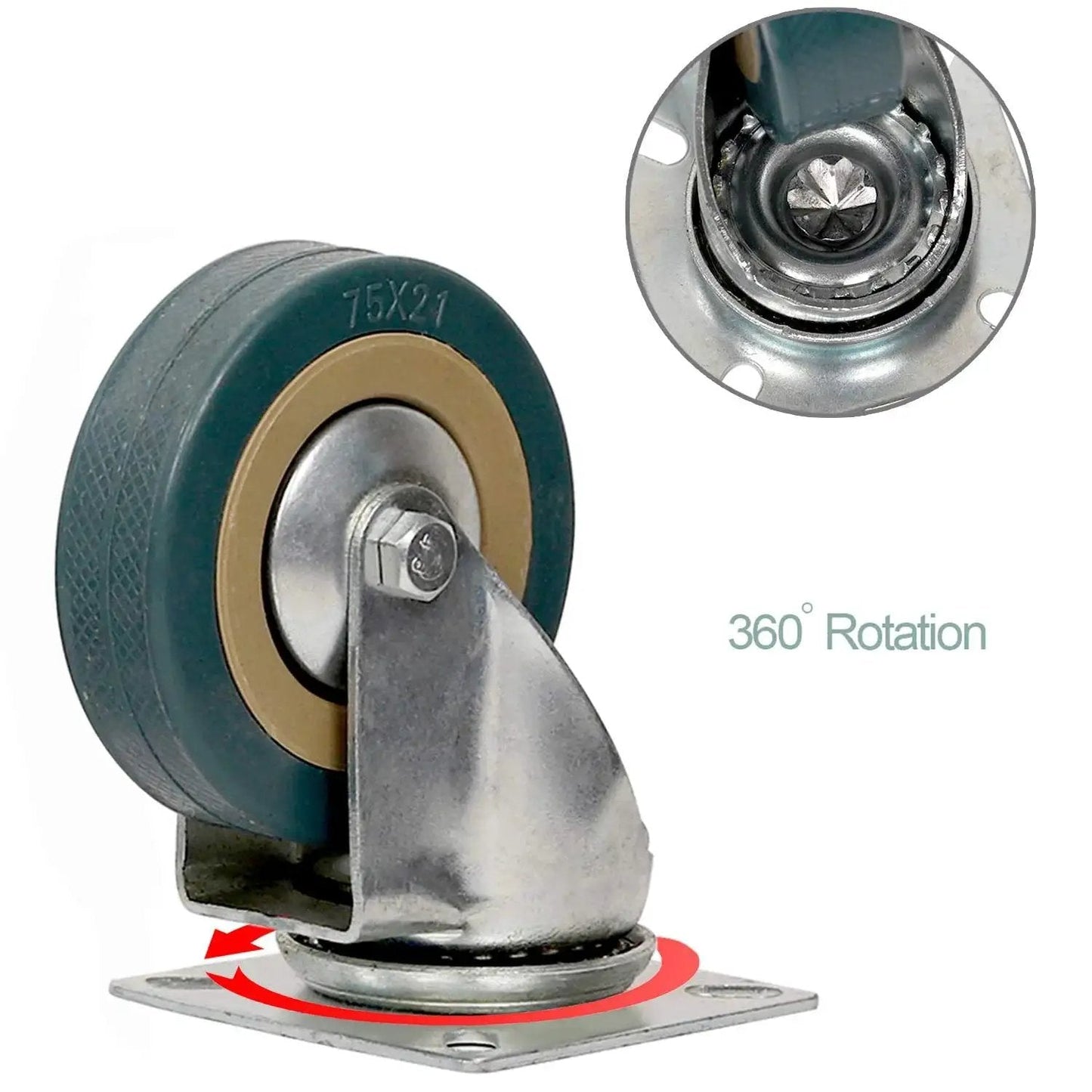 Close-up of 8 Pack 3 Inch Swivel Caster Wheels Set With 4 Brakes And 4 Without Brakes PVC Gray showing 360 degree rotation mechanism