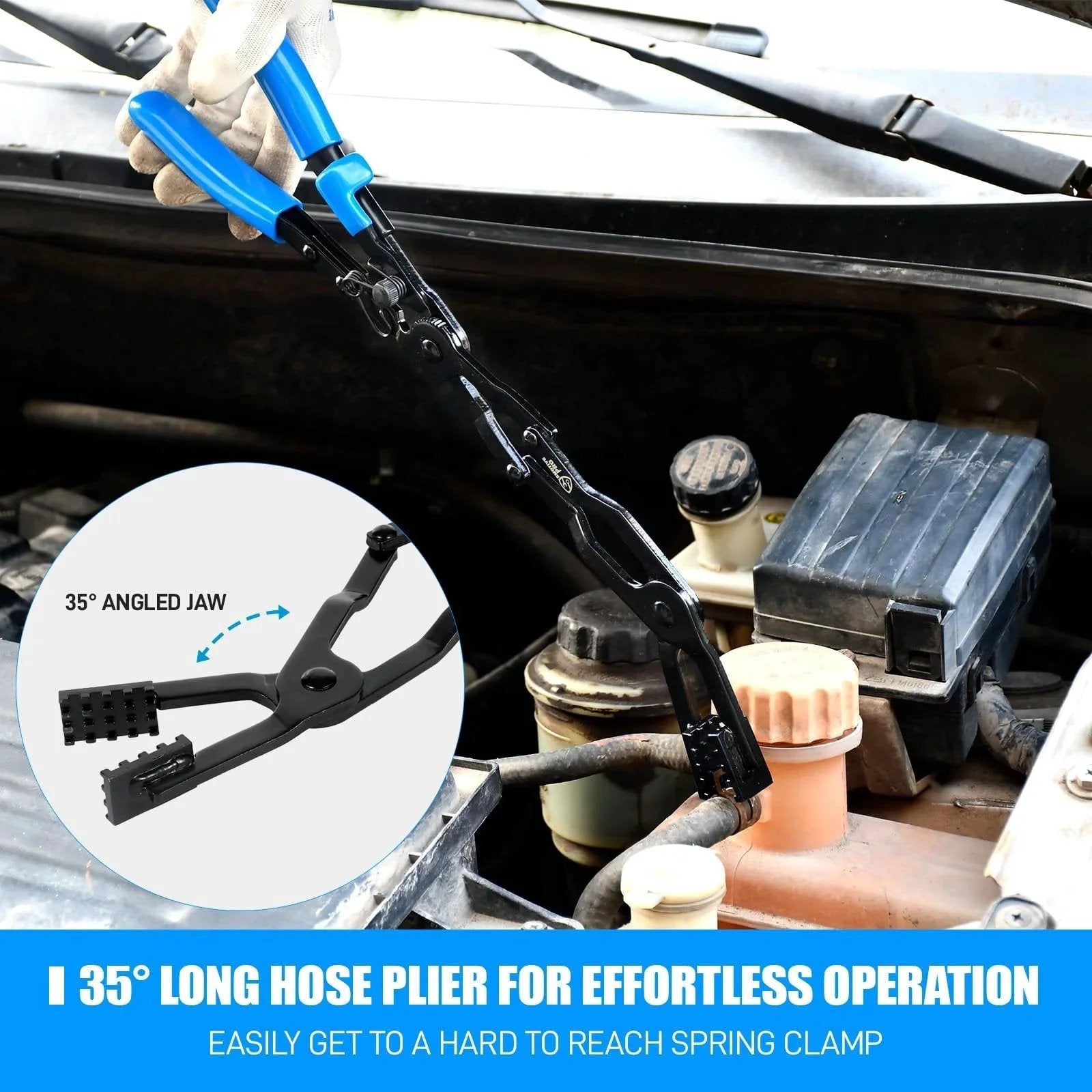 35 Degree Angled Long Hose Clamp Pliers With Locking Mechanism Extra Long Reach shown in use in tight engine space