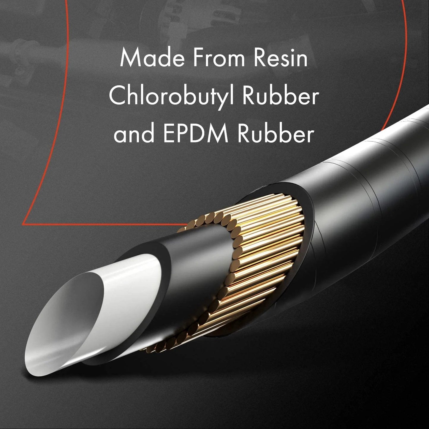Cross-section of AC Discharge Line Hose Assembly for GM Trucks and SUVs, showing resin, chlorobutyl, and EPDM rubber materials.