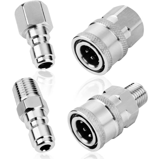 2 Sets NPT 1/4 Inch Pressure Washer Quick Connect Coupler Kit Stainless Steel Male And Female Fittings With Internal And External Threads For Easy Connection To Hoses Pumps Ball Valves Wands Surface Cleaners