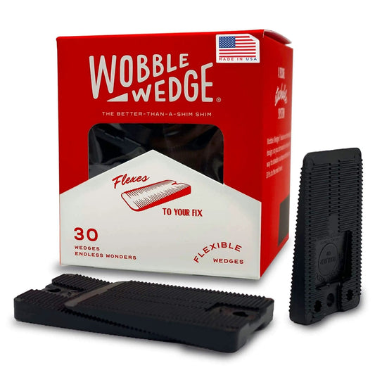 Wobble Wedges Flexible Plastic Shims 30 Pack for Home Improvement and DIY Projects Black Leveling Spacers shown with box