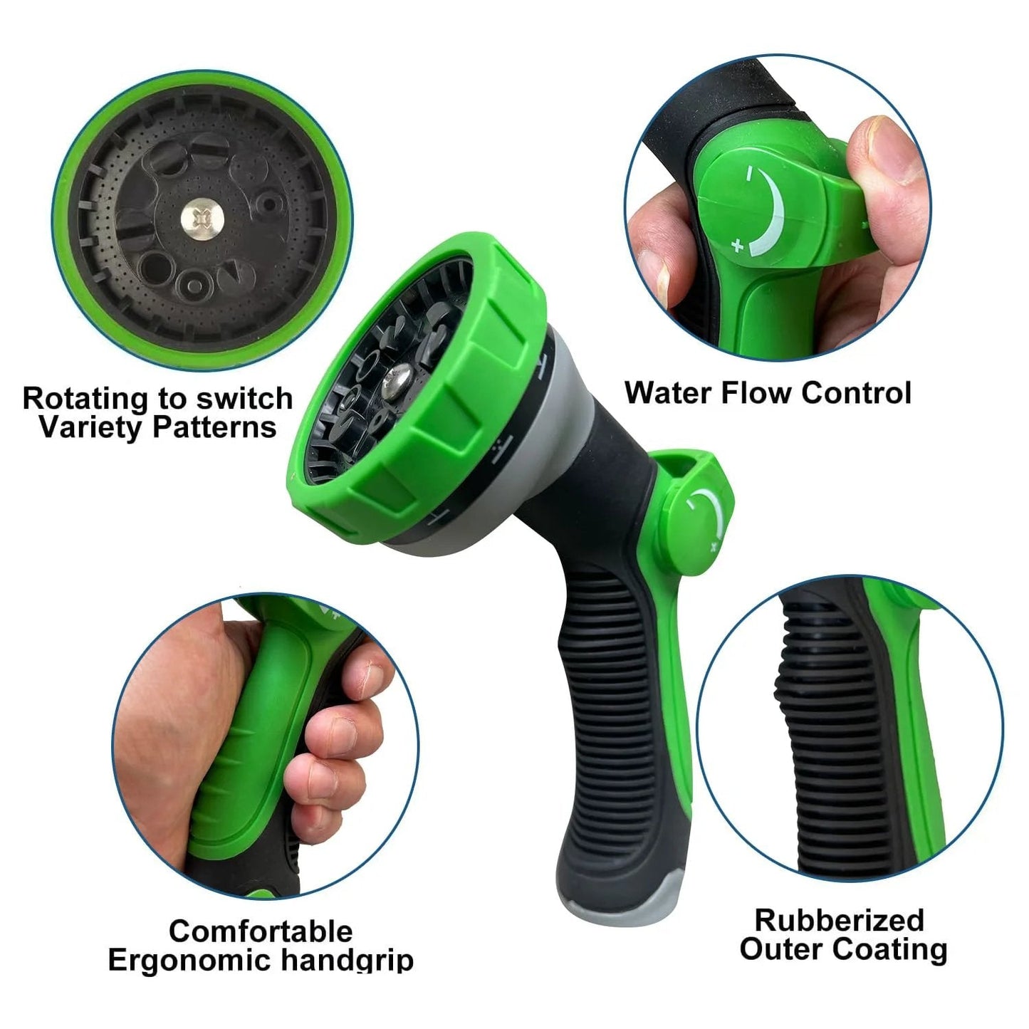 Close-up of green non expanding garden hose with jet nozzle, showing ergonomic grip, rubberized coating, and flow control.