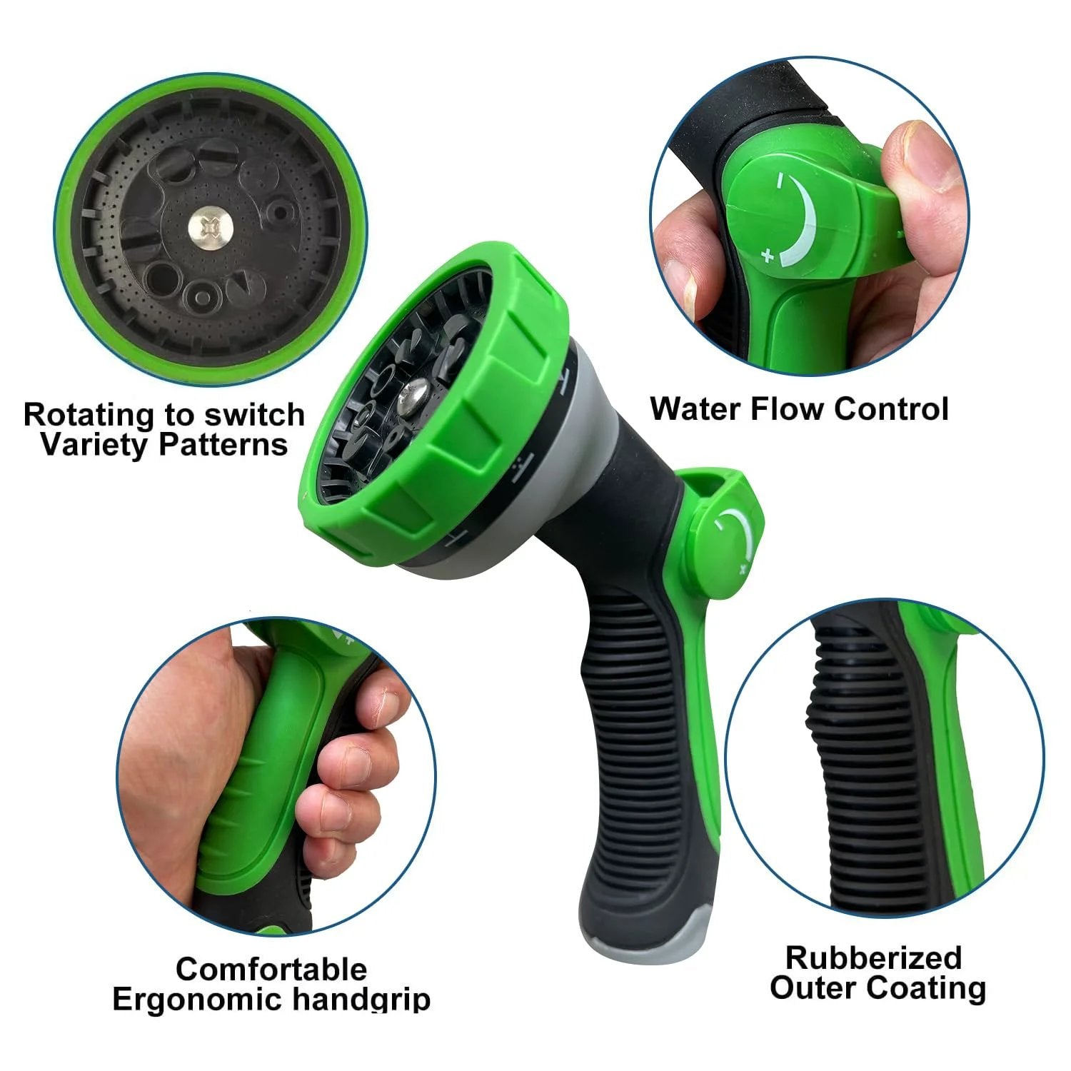Close-up of green non expanding garden hose with jet nozzle, showing ergonomic grip, rubberized coating, and flow control.