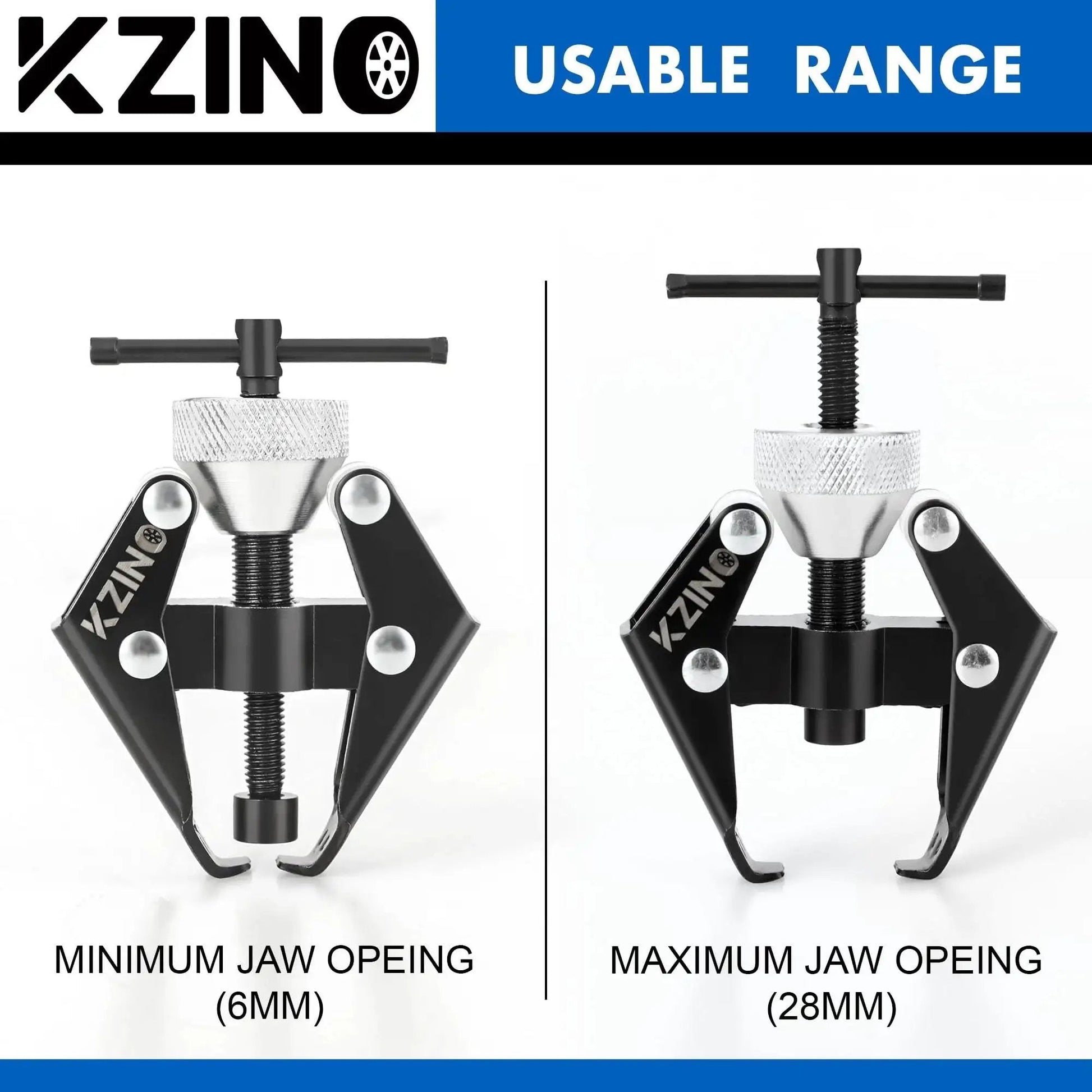 Heavy Duty Windshield Wiper Arm Removal Tool And Bearing Remover Kit In 45 Carbon Steel, showing minimum and maximum jaw opening range