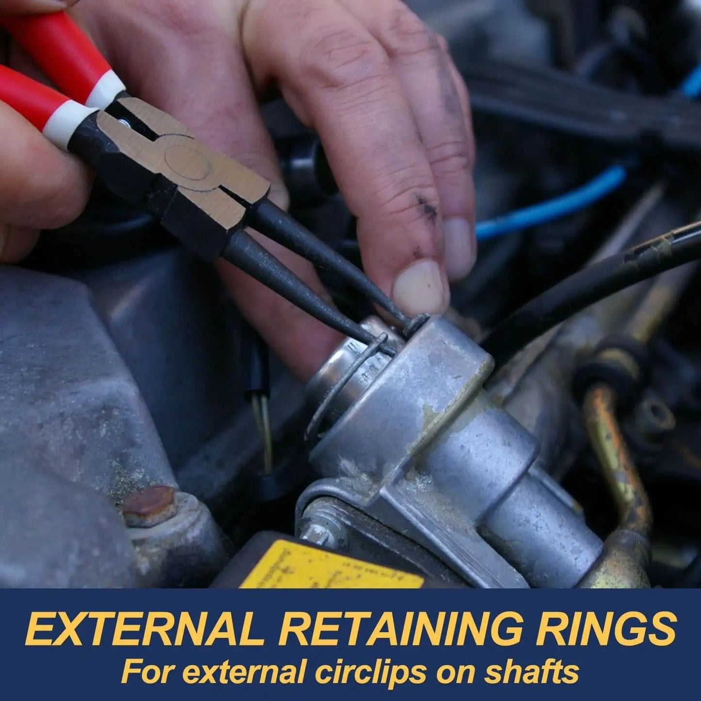 Person installing external retaining ring on automotive shaft using pliers, with text 'EXTERNAL RETAINING RINGS' visible.