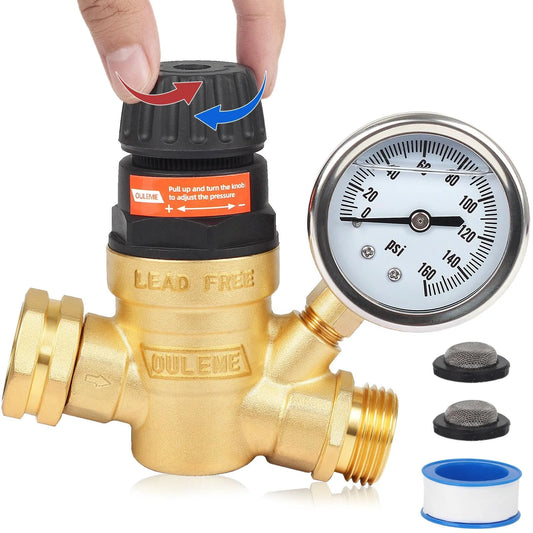 RV Water Pressure Regulator Valve With Adjustable Handle And Dual Filters For Camper And Travel Trailer, brass fittings, gauge