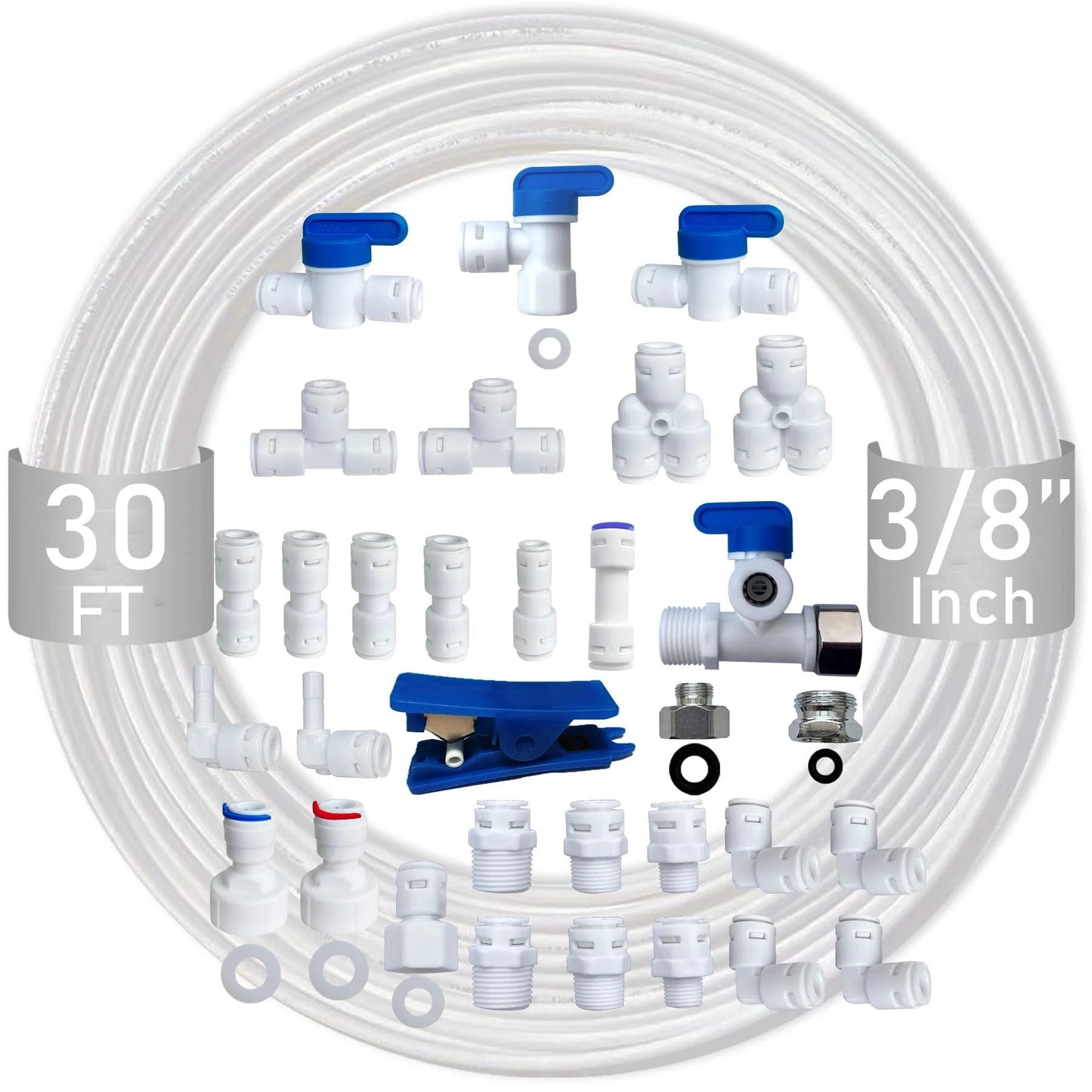 Push To Connect Fittings For RO System With Three Eighths Inch Tubing Kit Including Thirty Fittings And Thirty Feet Of Food Grade POM Tubing NSF Certified BPA Free TUV SGS Approved Easy Install