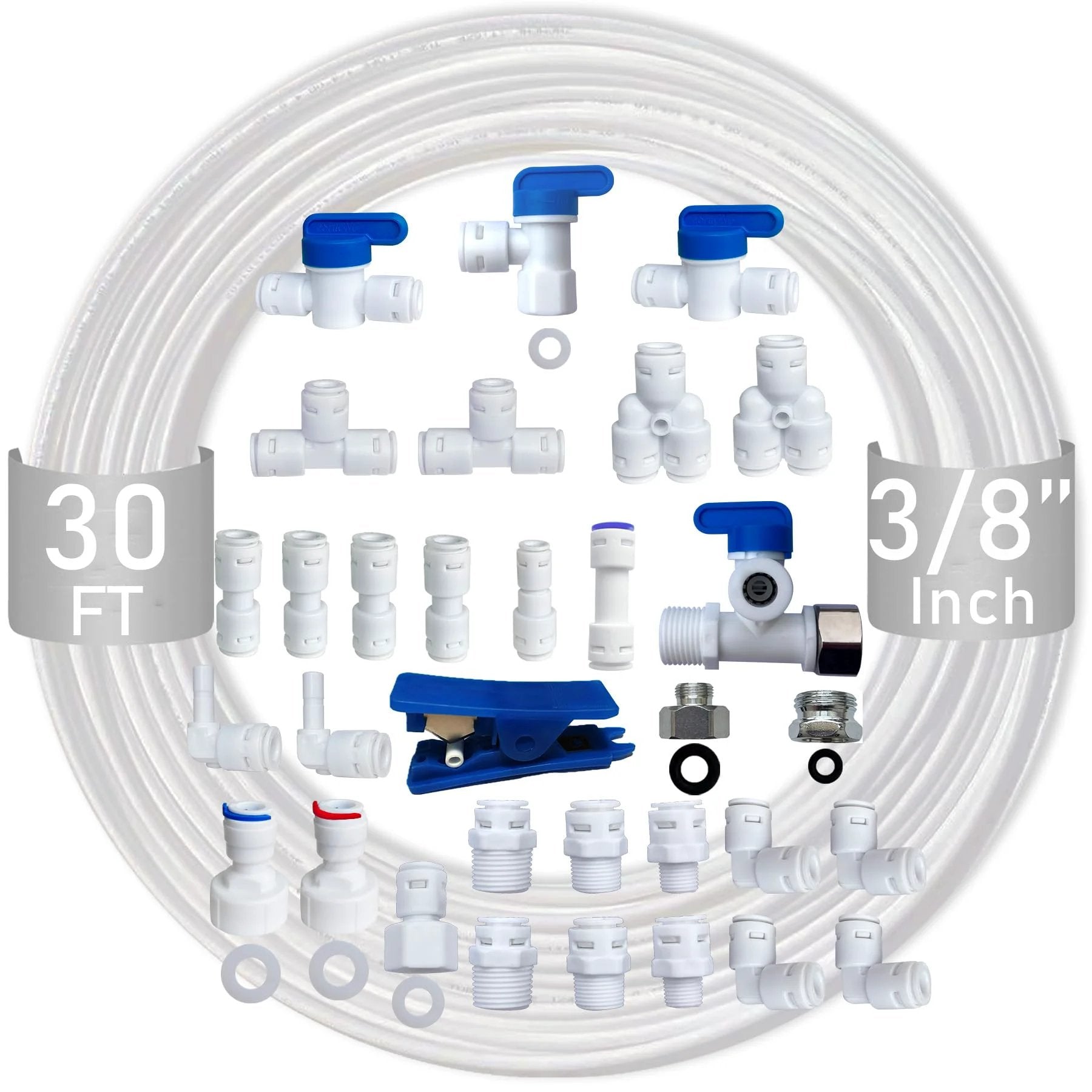 Push To Connect Fittings For RO System With Three Eighths Inch Tubing Kit Including Thirty Fittings And Thirty Feet Of Food Grade POM Tubing NSF Certified BPA Free TUV SGS Approved Easy Install