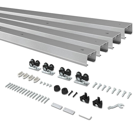 Concealed Sliding Pocket Door Track Kit With 12 Foot Dual Rail System For 48 To 72 Inch Wide Double Doors Two 68 Point 7 Inch Spliced Rails
