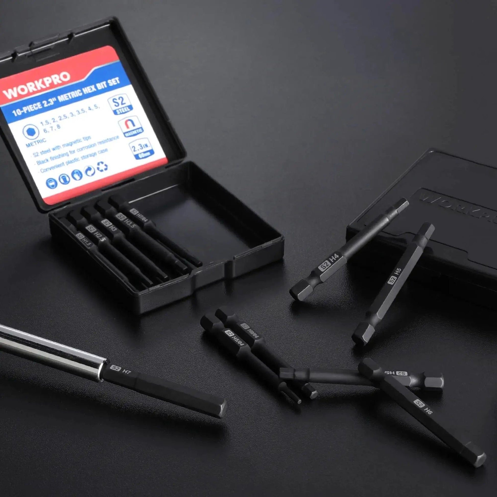 20 Piece Hex Head Allen Wrench Drill Bit Set With Magnetic S2 Steel CNC Machined Bits Metric And SAE Hex Bits One Quarter Inch Square Shank 2.3 Inch Long Driver Bits Includes Storage Box