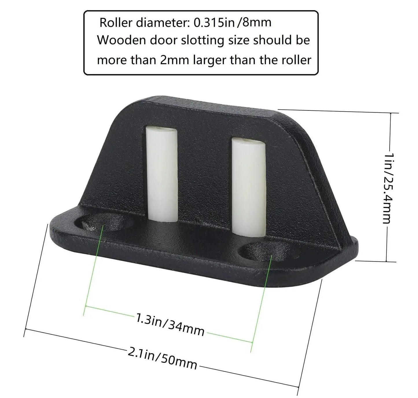 Two Plastic Wheels Barn Door Floor Guide With Bearing Design And Adjustable Rollers Bottom Mounted black metal base with dimensions.