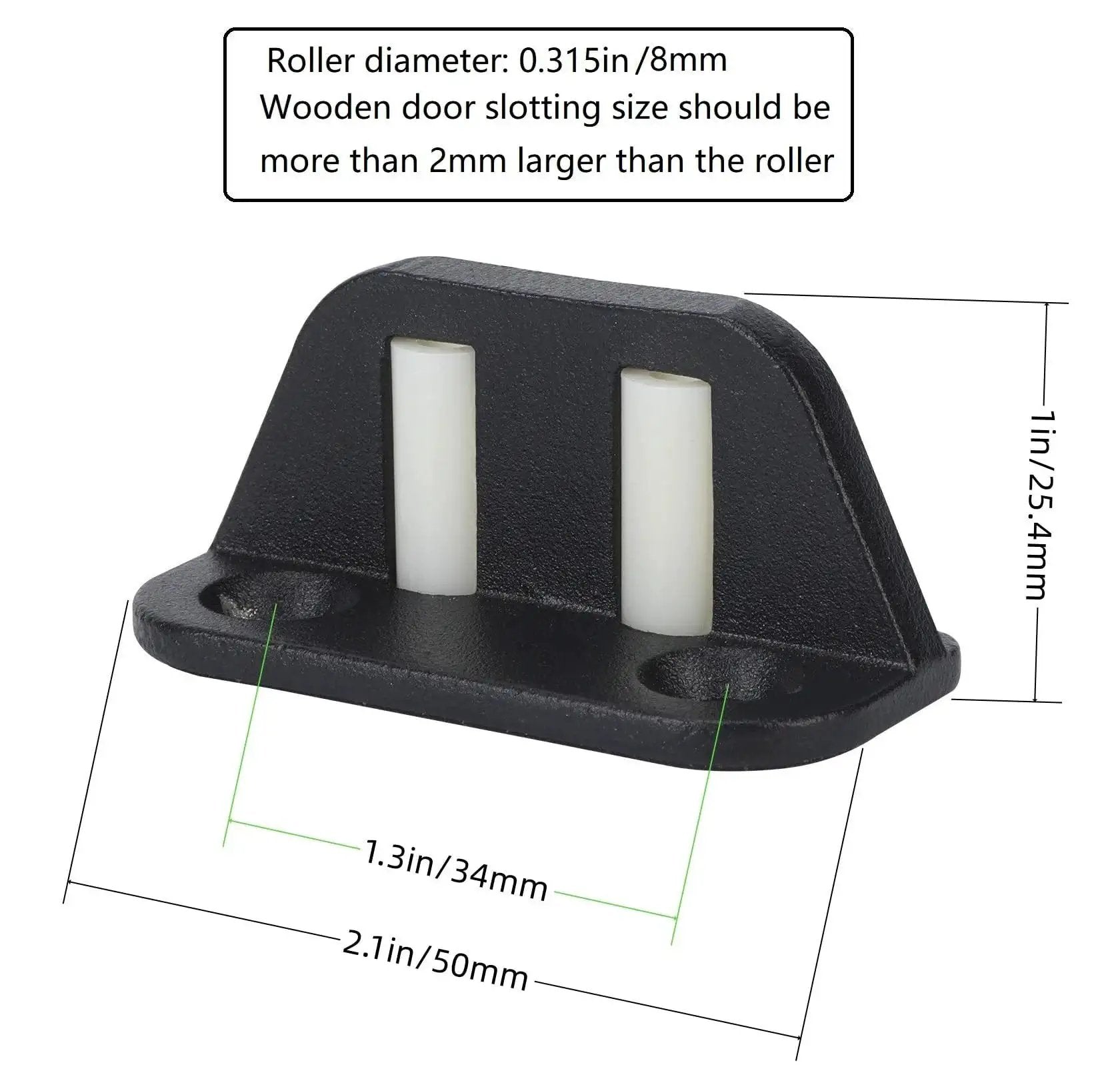 Two Plastic Wheels Barn Door Floor Guide With Bearing Design And Adjustable Rollers Bottom Mounted black metal base with dimensions.