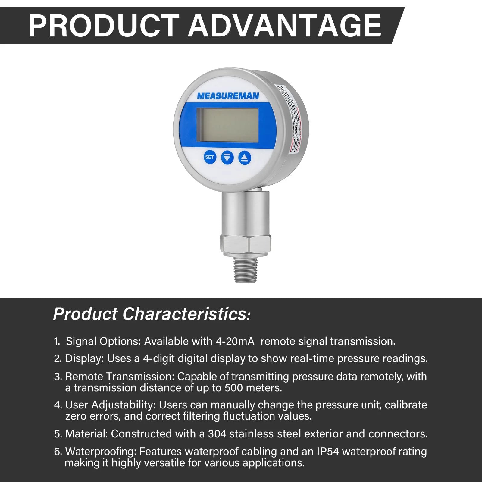 Remote Digital Pressure Gauge with RS485 data transmission, 270-degree rotatable body, and 3 digit LED display for easy readings.