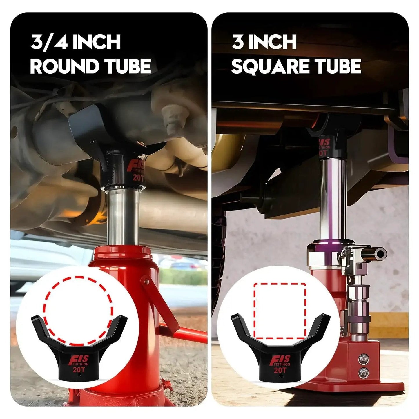 Safe Steel Bottle Jack Adapter With Dual Jack Adapters For Stable Lifting on 3/4 inch round and 3 inch square tubing