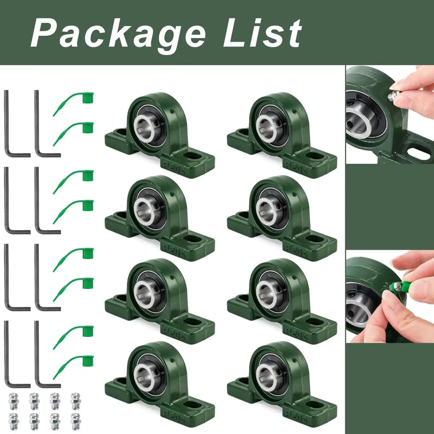 Eight Pack Pillow Block Bearings UCP20412 Three Quarter Bore Self Aligning Ball Bearings In Solid Cast Iron Housing With Chrome Steel Bearings for DIY shown with tools and close-up assembly.