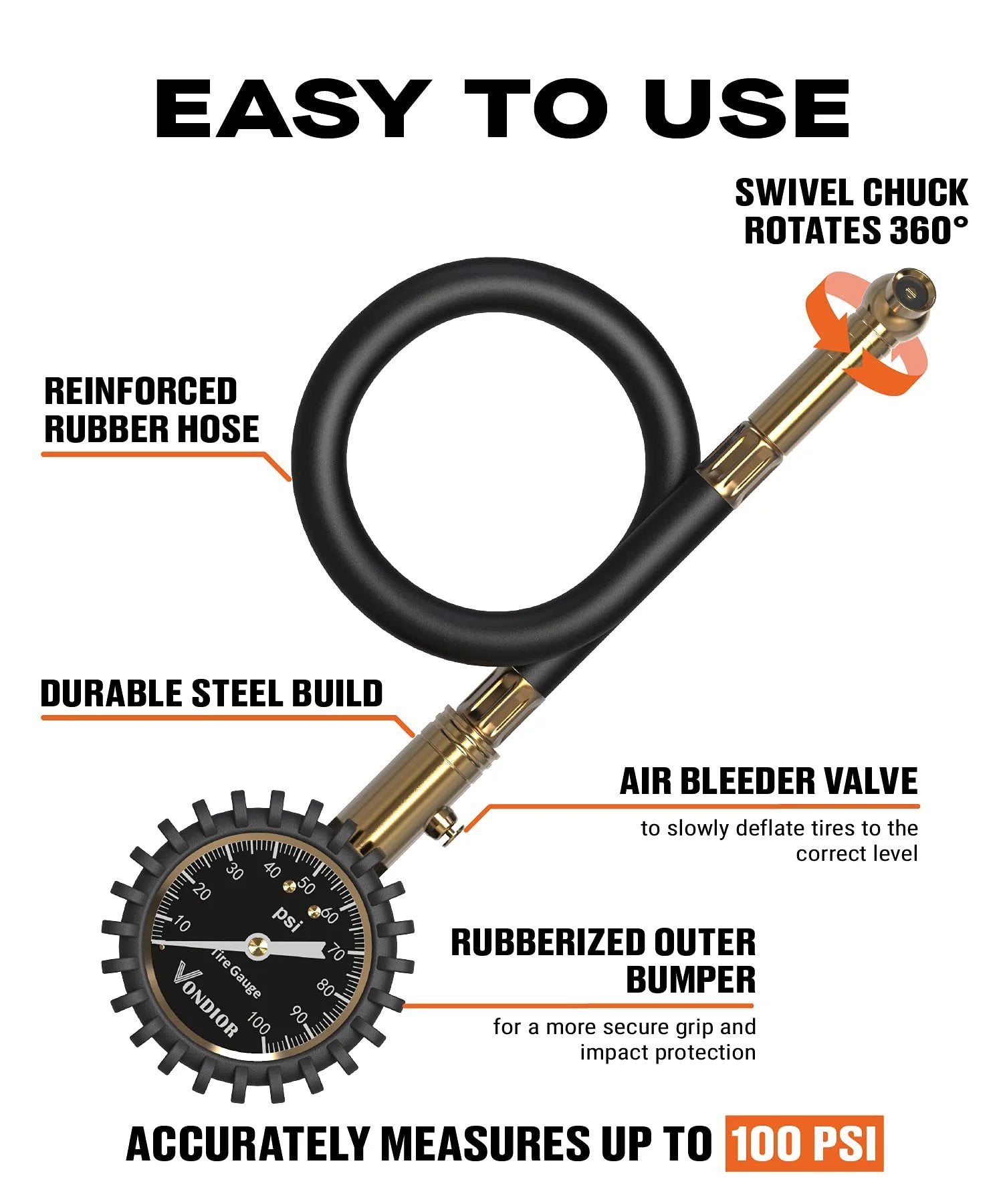 Glow Dial Tire Pressure Gauge 0 to 100 PSI For Cars And Trucks ANSI B40.1 Certified Large 2 Inch Easy Read Gauge with swivel chuck