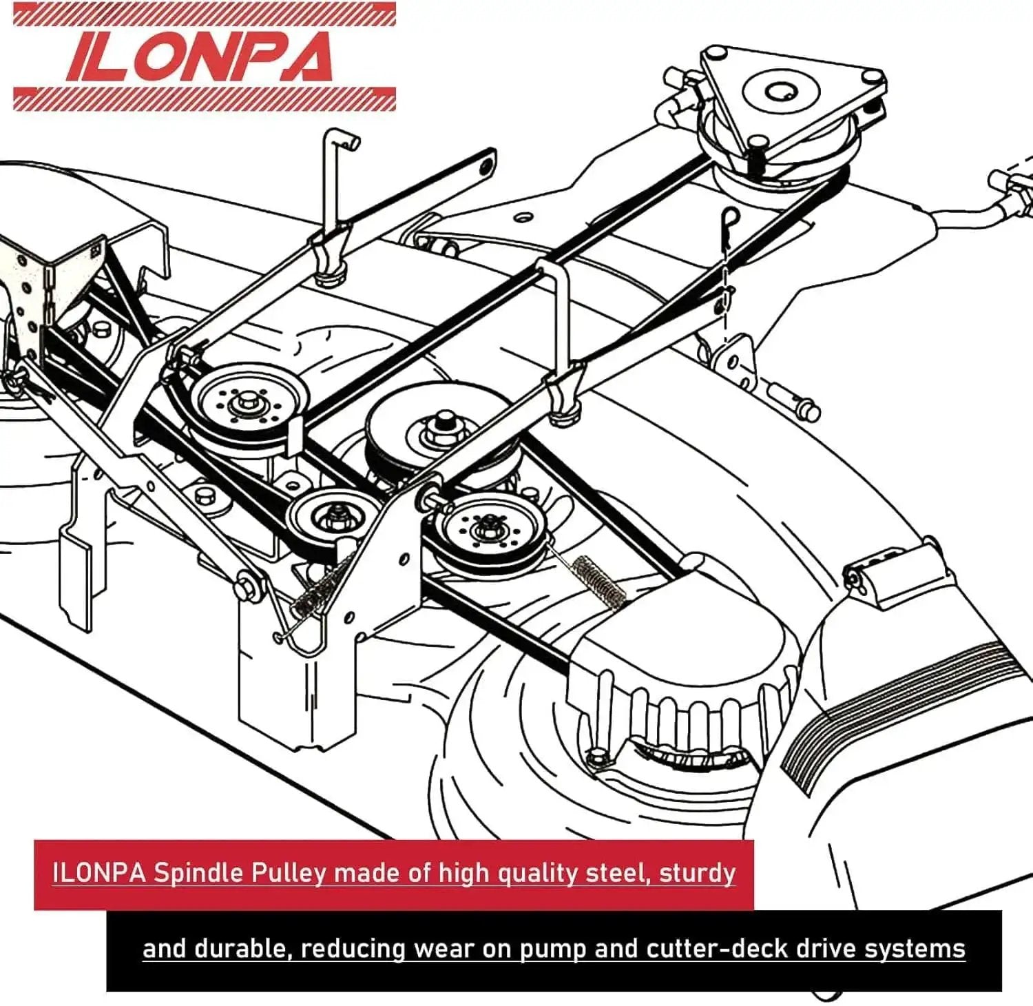 Diagram of ILONPA spindle pulley system showing steel components for mower drive systems.