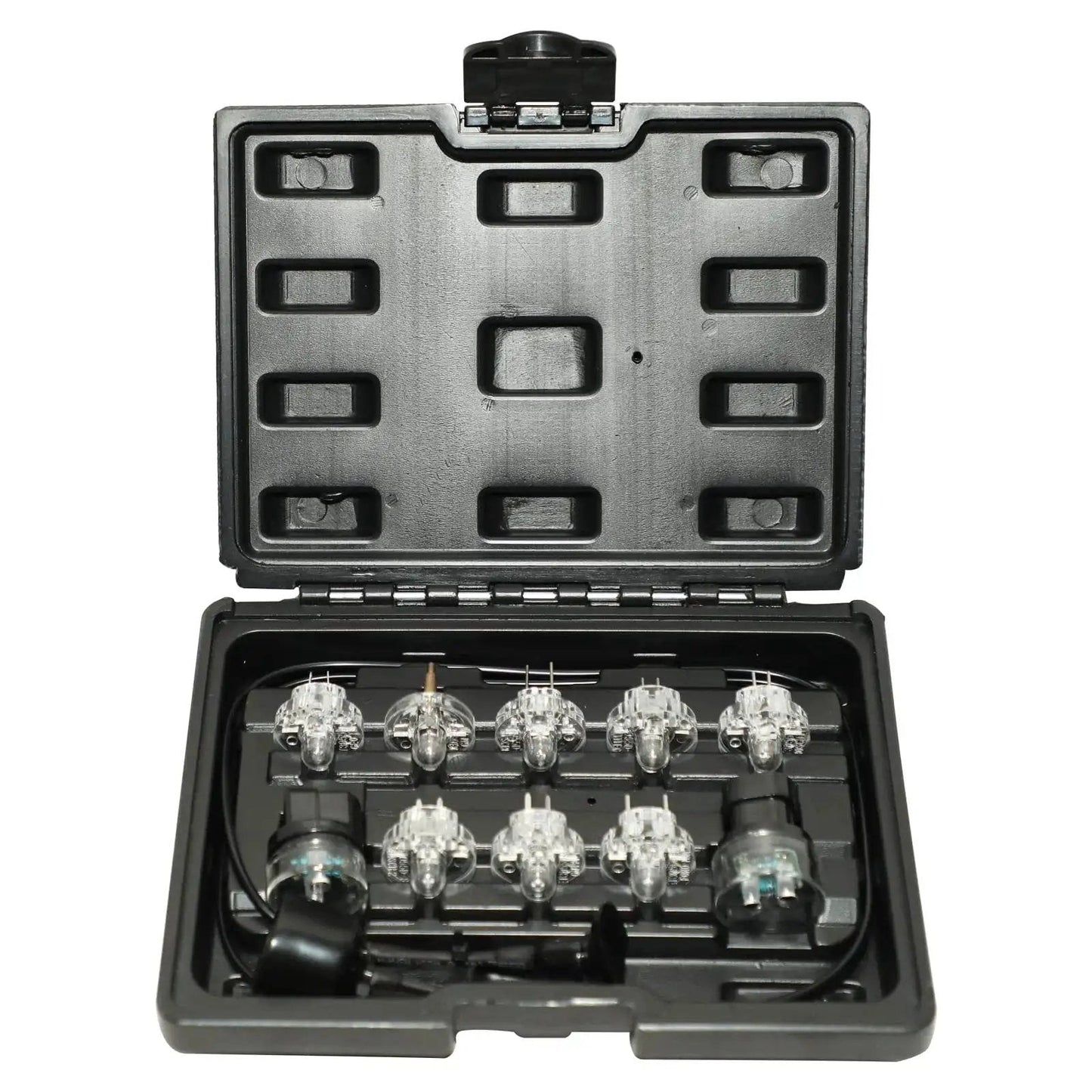 Open case displaying 8pc Fuel Injector Noid Light Test Kit For GM Ford Bosch PFI TBI IAC Troubleshooter with various noid lights.