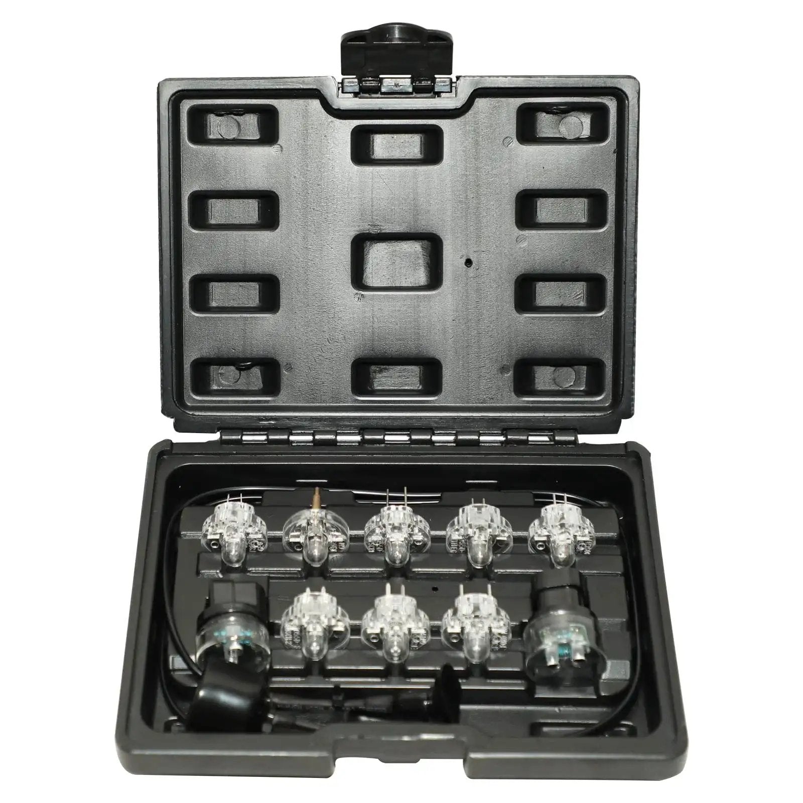 Open case displaying 8pc Fuel Injector Noid Light Test Kit For GM Ford Bosch PFI TBI IAC Troubleshooter with various noid lights.