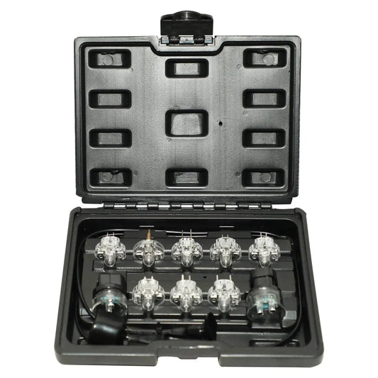 Open case displaying 8pc Fuel Injector Noid Light Test Kit For GM Ford Bosch PFI TBI IAC Troubleshooter with various noid lights.