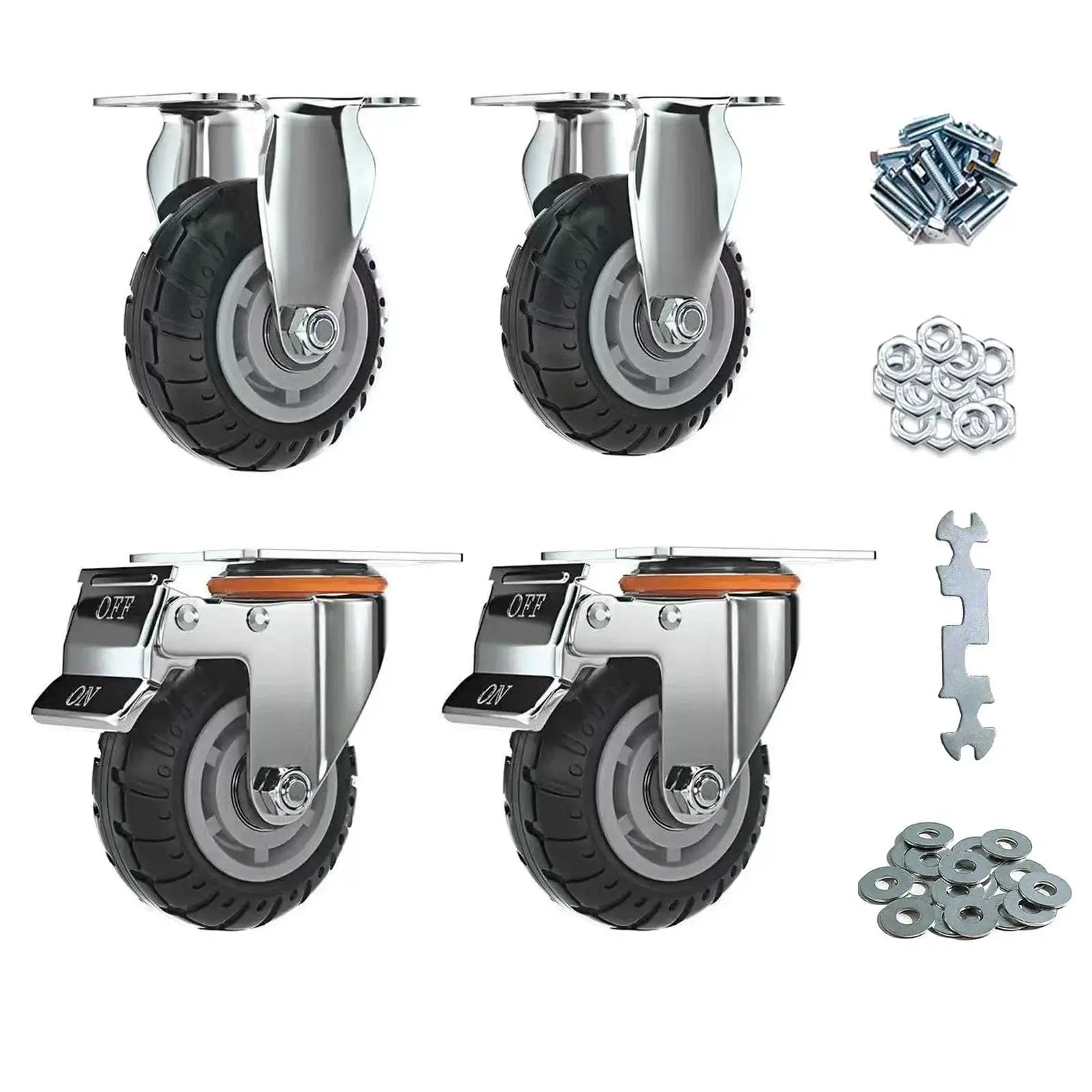 Heavy Duty 4 Inch Rubber Caster Wheel Set For Warehouse Carts And Workbenches, 600 KG Total Load Capacity, includes mounting hardware