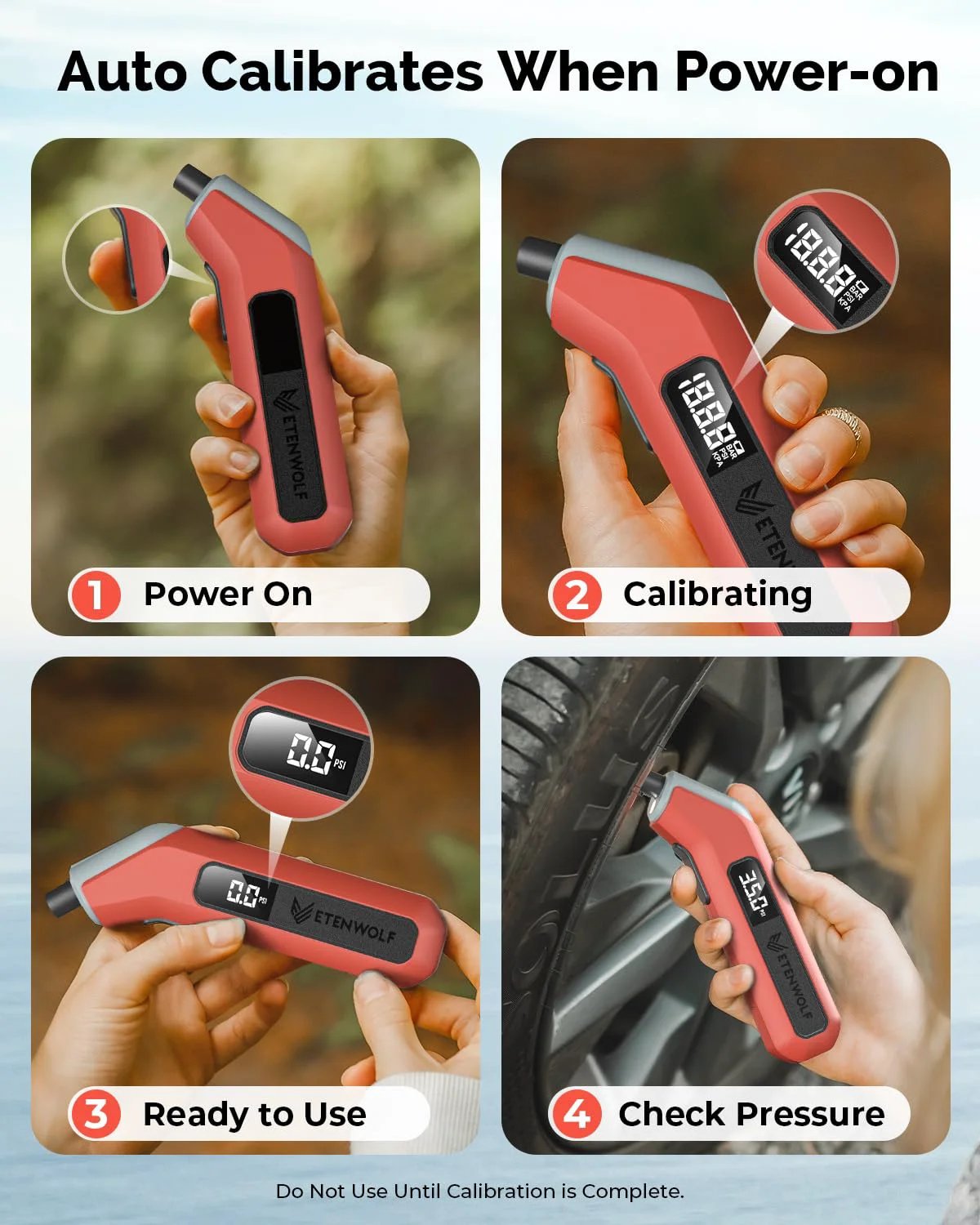 Digital Tire Gauge With Bright LED Display 200 PSI By ETENWOLF T300 Plus Vivid Orange Includes Presta Valve Adaptor And ANSI B40.7 Grade 2A Accuracy For Fast Quick Reads On Cars Bikes SUVs And More Road Trip Ready usage steps