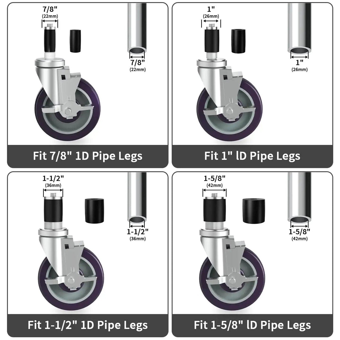 5 Inch Expanding Stem Caster Set Of 4 With Brakes For Table Legs, Adjustable Mounting Height Up To 6.1 Inches, Fits 7/8 Inch 1 Inch 1-1/2 Inch And 1-5/8 Inch Tubes, Stainless Steel Casters With Rubber Sleeves For Secure Fit
