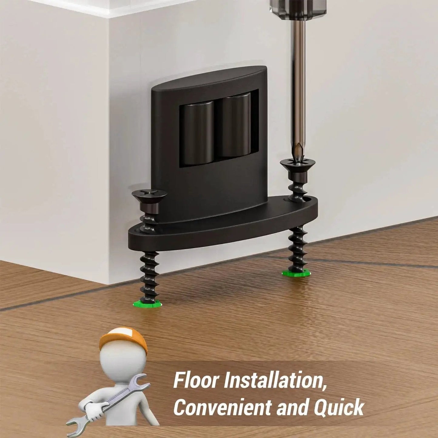 Installing Floor Guide For Sliding Barn Door Bottom With Double Sided Roller Design on wooden floor corner.