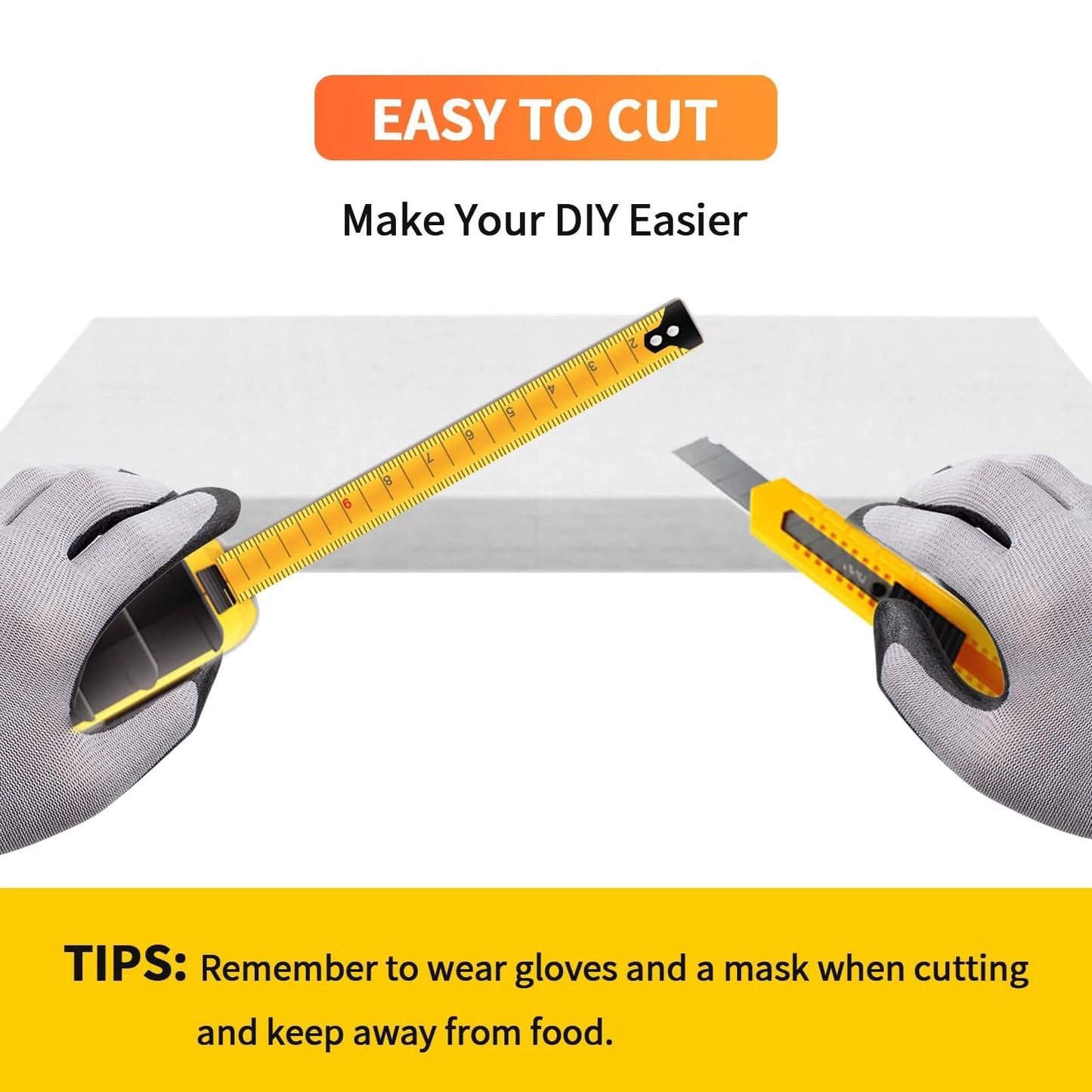 Hands cutting Ceramic Fiber Blanket Insulation For Fireproof Baffles And Wood Stoves 2400F High Temperature Resistance Thick 1 Inch 48 By 16 By 1 Inches Beefed Up For Chimneys Stoves And Forge 1 Pc By BOKE YOUNG with gloves, tape, and cutter