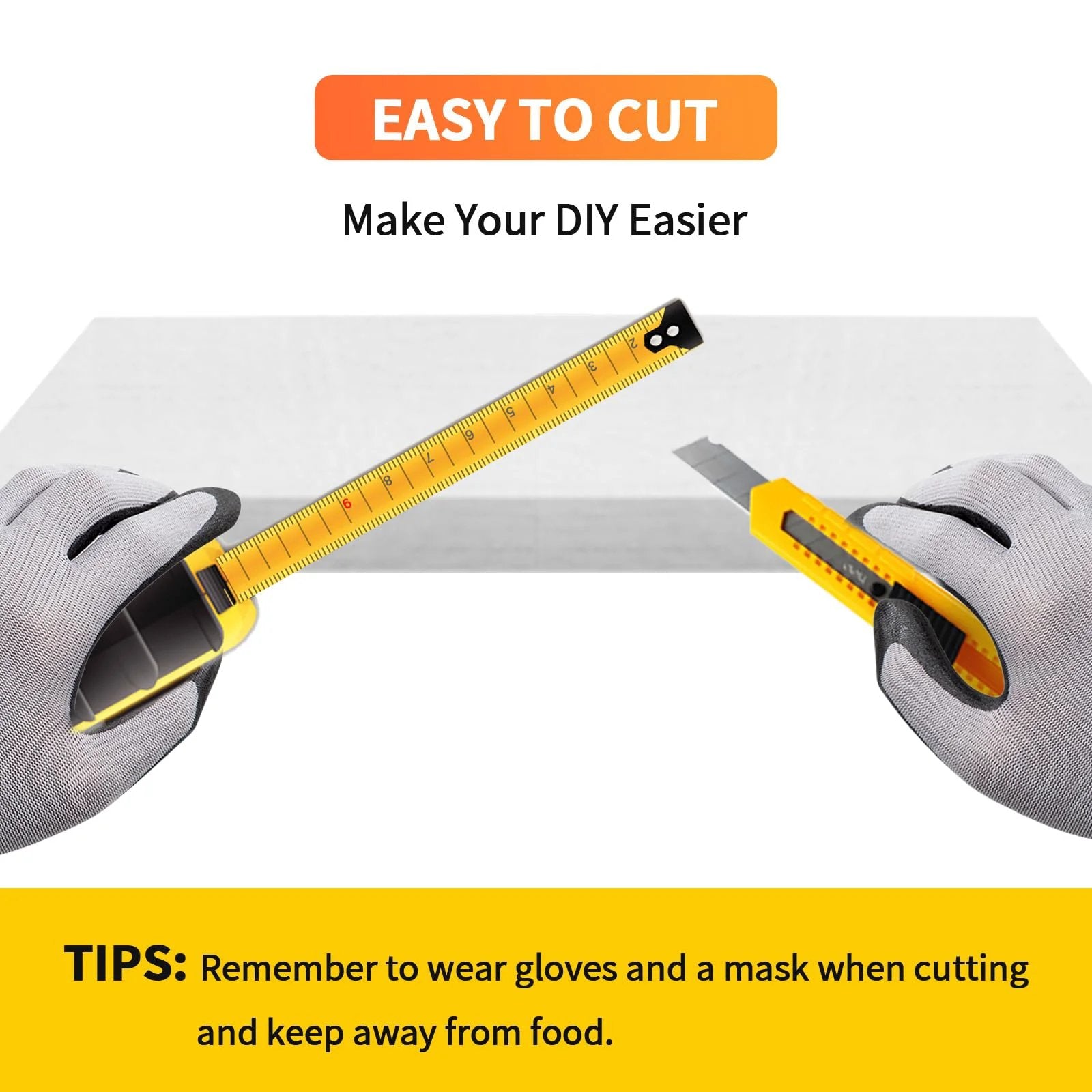 Hands cutting Ceramic Fiber Blanket Insulation For Fireproof Baffles And Wood Stoves 2400F High Temperature Resistance Thick 1 Inch 48 By 16 By 1 Inches Beefed Up For Chimneys Stoves And Forge 1 Pc By BOKE YOUNG with gloves, tape, and cutter