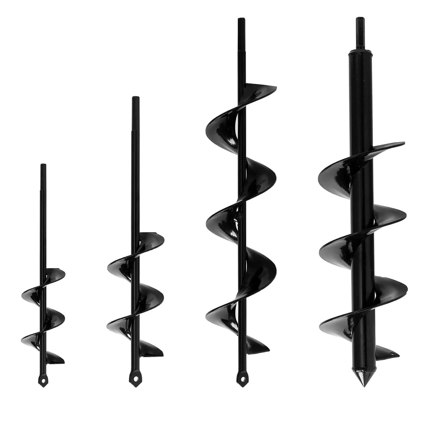 Set Of 4 Bulb Planting Auger Bits For Drill Three Eighths Inch Hex Drive 1.6x9 2.4x12 3.2x16 And 4x16 Inches shown against white background