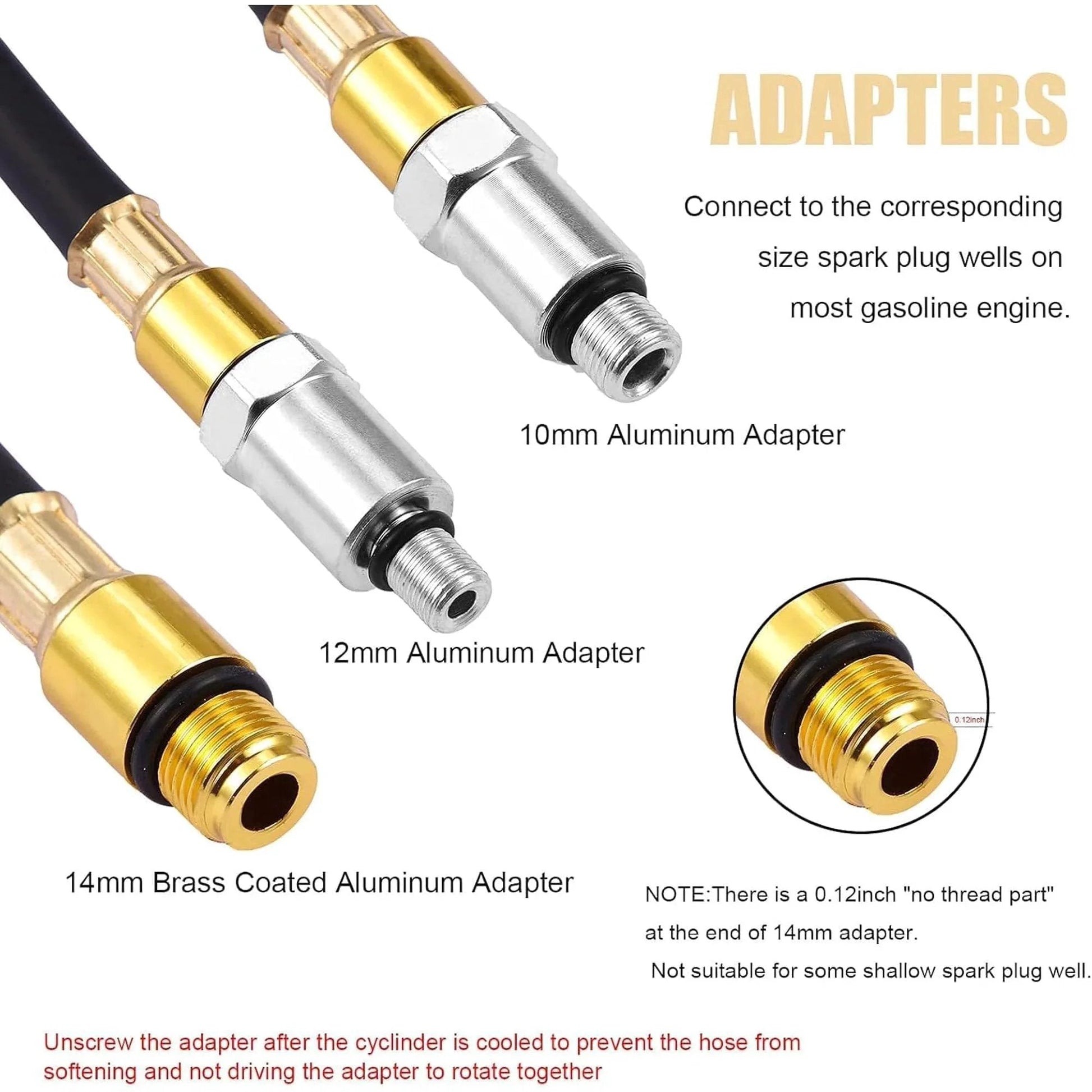 Three adapters for cylinder leak down tester kit, including 10mm, 12mm aluminum, and 14mm brass-coated aluminum adapters.