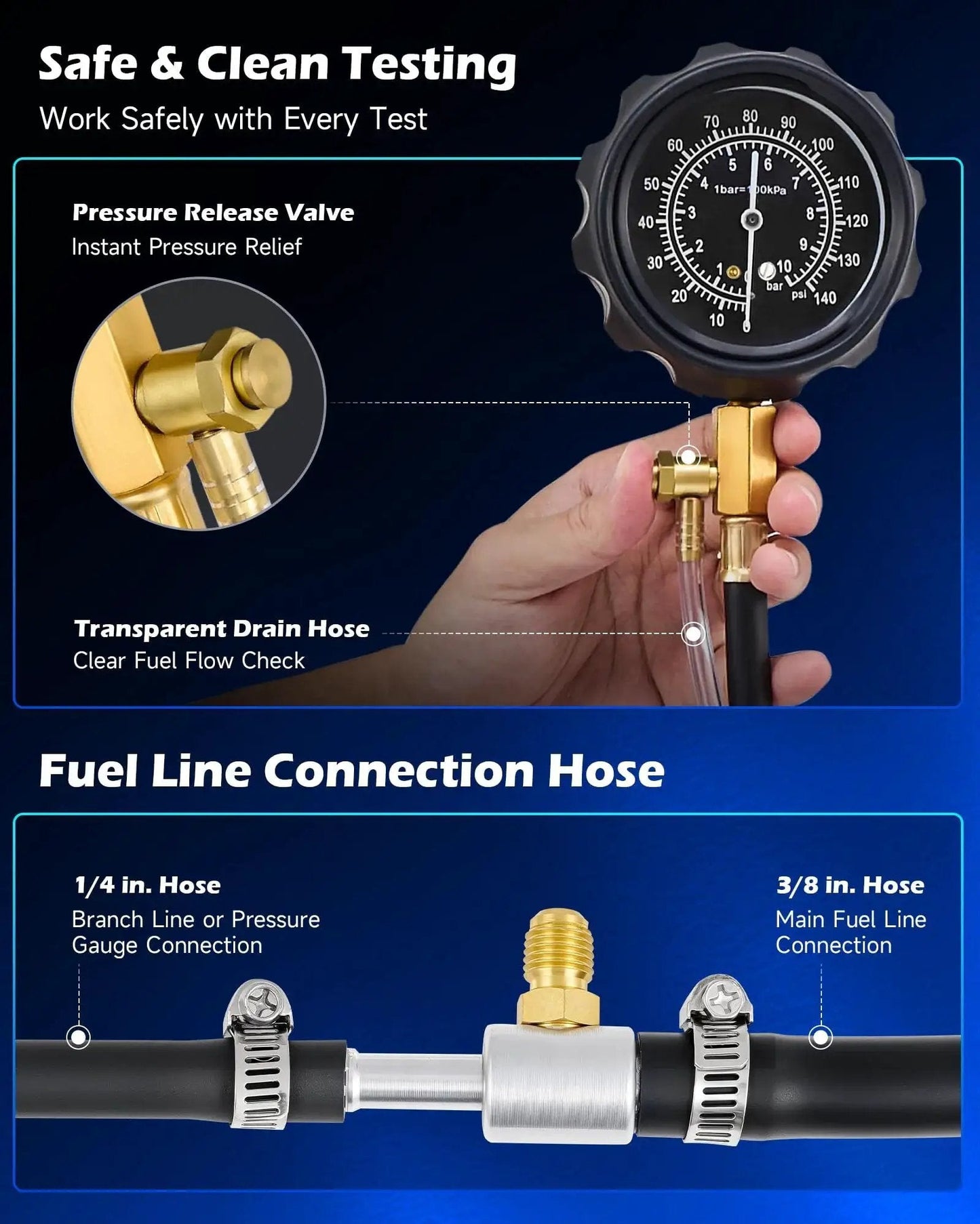 Close-up of Fuel Pressure Test Kit 0 To 140 PSI with hoses and adapters, showing pressure gauge and connectors.
