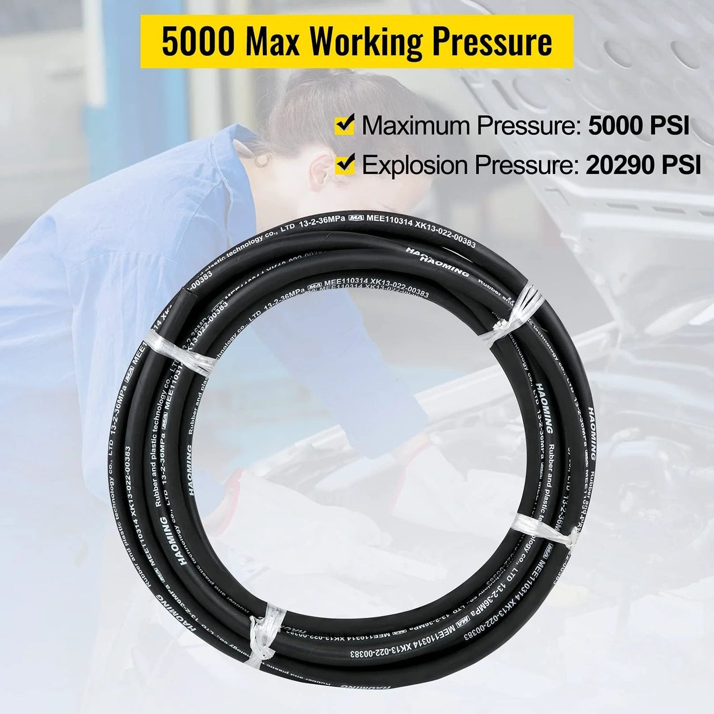 Heavy Duty 50 Feet Hydraulic Hose With Two High Tensile Steel Wire Braids Half Inch Inner Diameter 5000 PSI Max