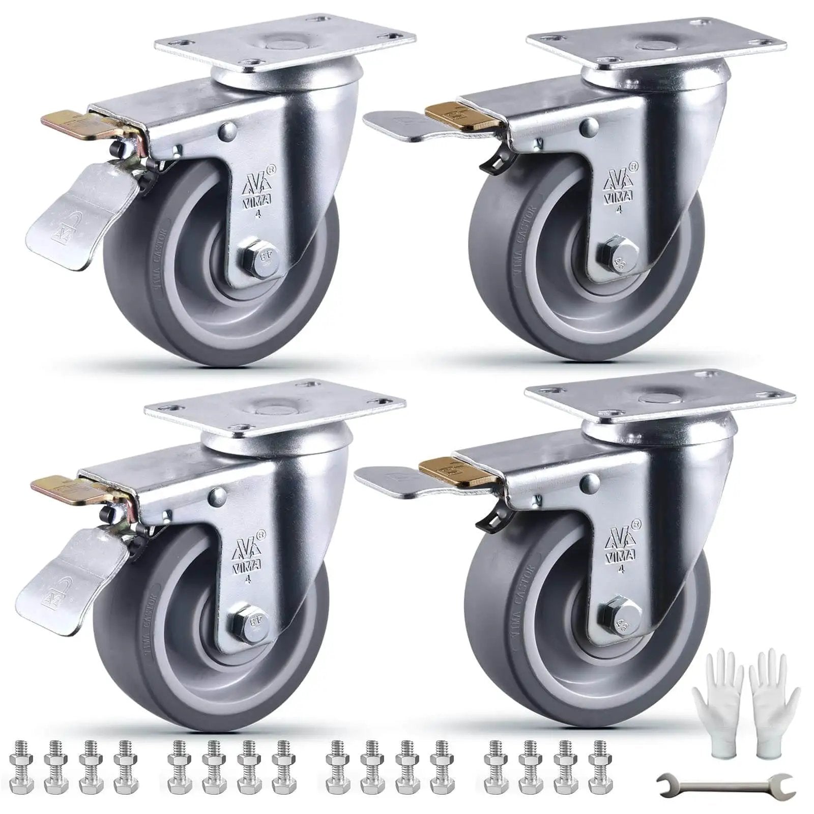 4 Inch Heavy Duty Caster Wheels With Brakes Set Of 4 2200 Lb Capacity Swivel TPR Rubber Quiet Locking Industrial Plate Casters