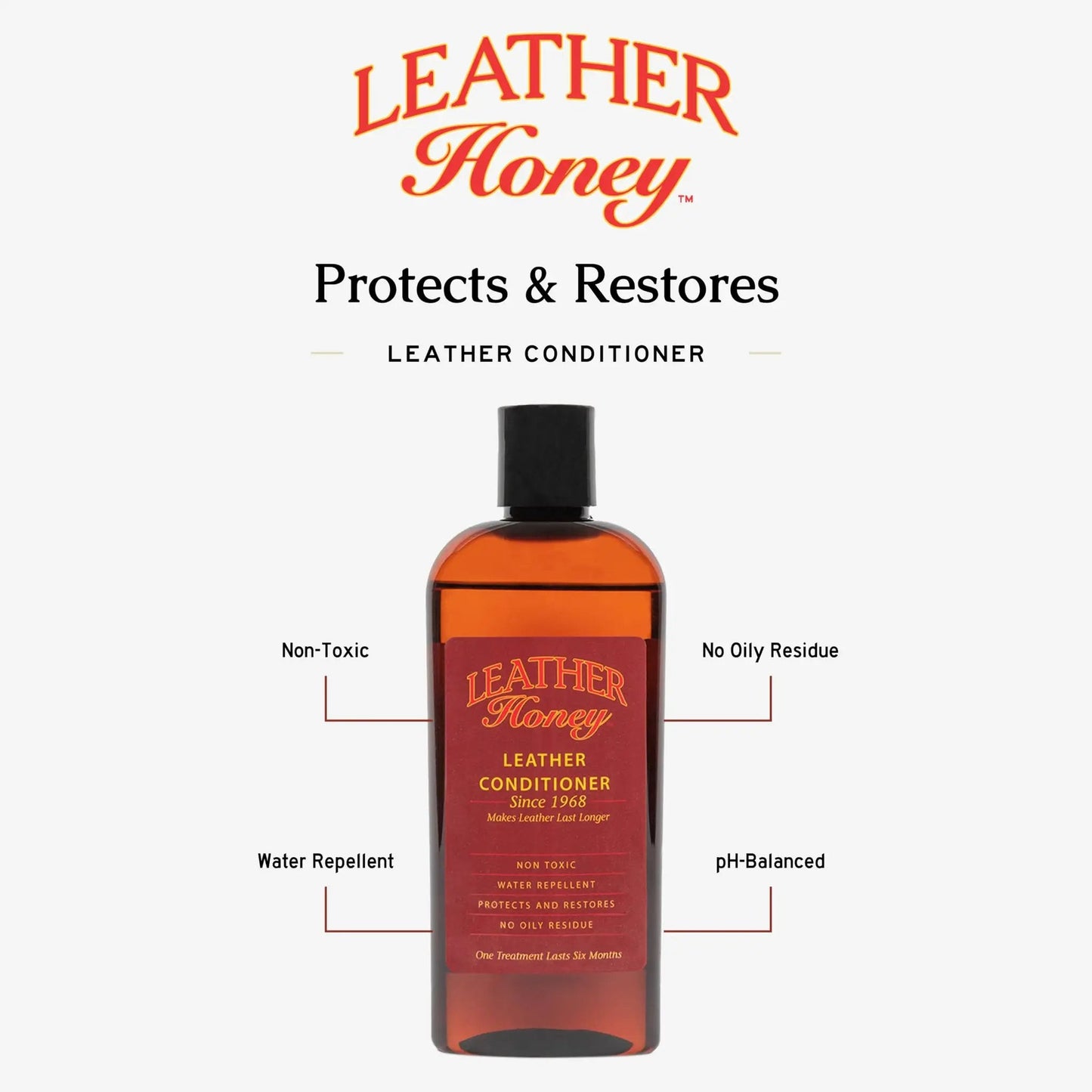 Premium Leather Conditioner That Restores All Leather Items From Auto To Furniture And Shoes Purses And Tack Non Toxic Made In USA 8 Fl Oz Leather Honey bottle with label.
