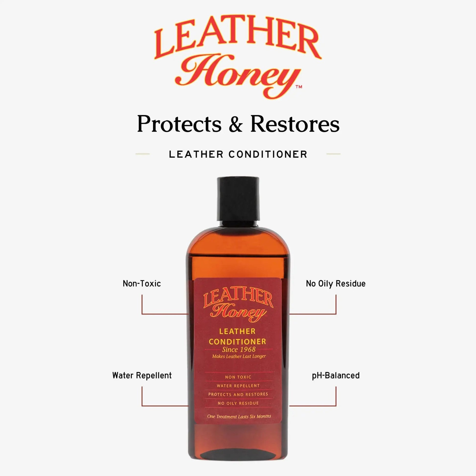 Premium Leather Conditioner That Restores All Leather Items From Auto To Furniture And Shoes Purses And Tack Non Toxic Made In USA 8 Fl Oz Leather Honey bottle with label.