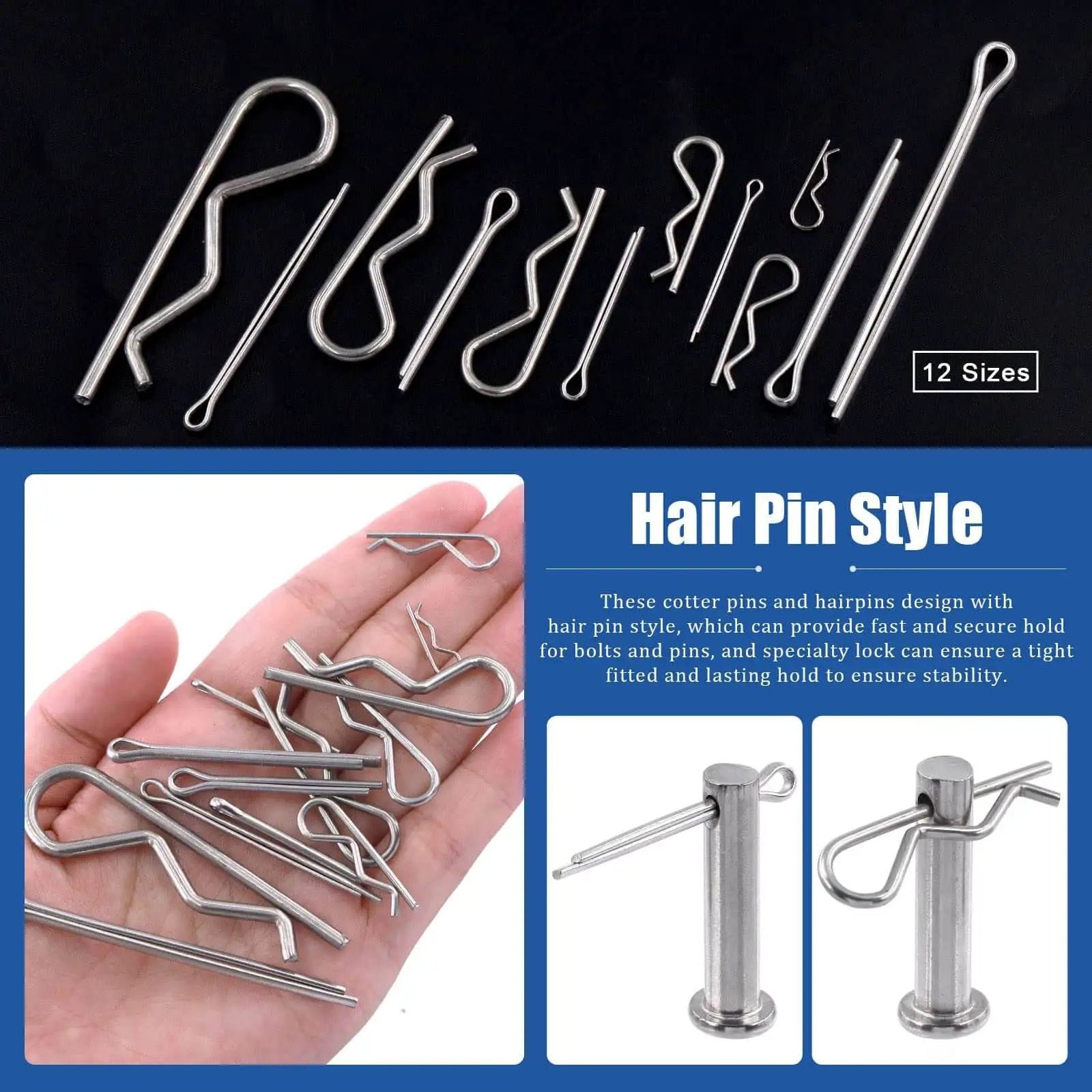 Stainless Steel 304 Cotter Pins And Hairpin R Clips Set 215 Piece Assortment Kit in hand showcasing various sizes.