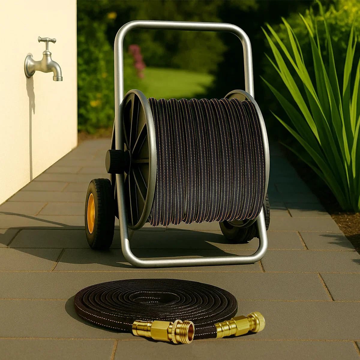 25ft Lightweight Flexible Garden Hose Non Kink With Solid Brass Fittings on reel, ideal for marine washdown and lawn use.