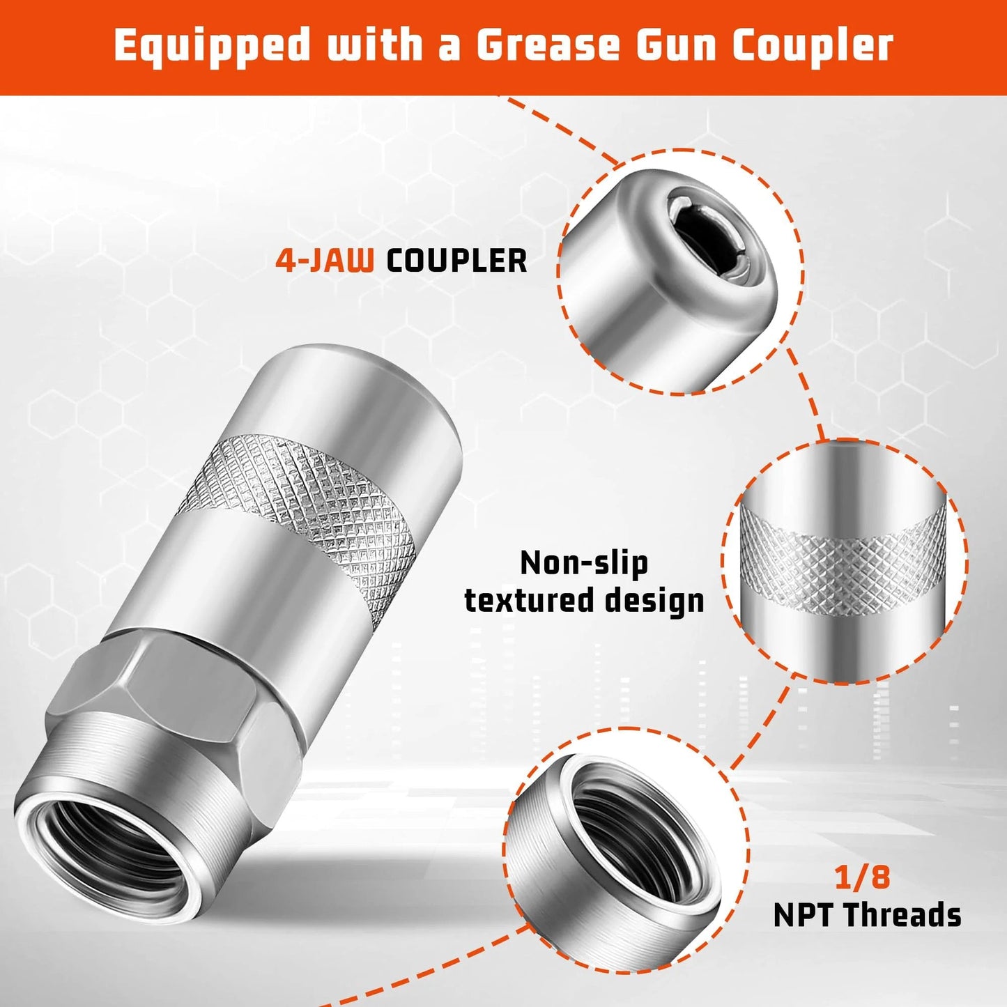 Flexible 12 Inch Grease Gun Whip Hose Extension With Coupler For Hand Operated Grease Guns, 4500 PSI, Kink Resistant