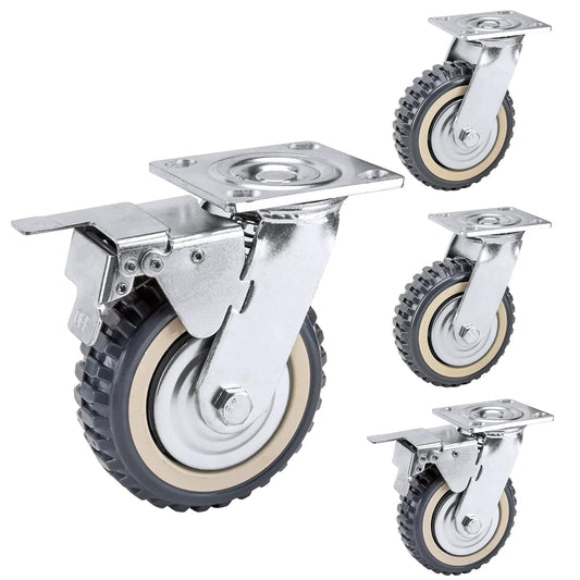 4 Pack 8 Inch Heavy Duty Swivel Caster Wheels, 2 With Brake And 2 Without, 360 Degree Ball Bearing Plate Casters, Anti Skid PU Wheels For Workbenches, Carts, Machinery And Furniture, Supports Up To 2314 Lbs Per Set